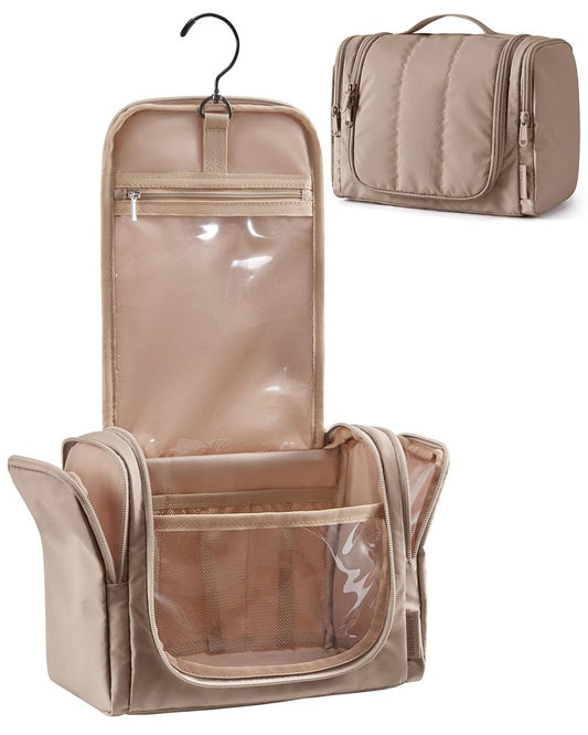 BAGSMART Travel Toiletry Bag for Women, Puffy Hanging Toiletry Bag with Hook, Water-resistant Toiletry Organizer for Full Sized Toiletries (Brown)