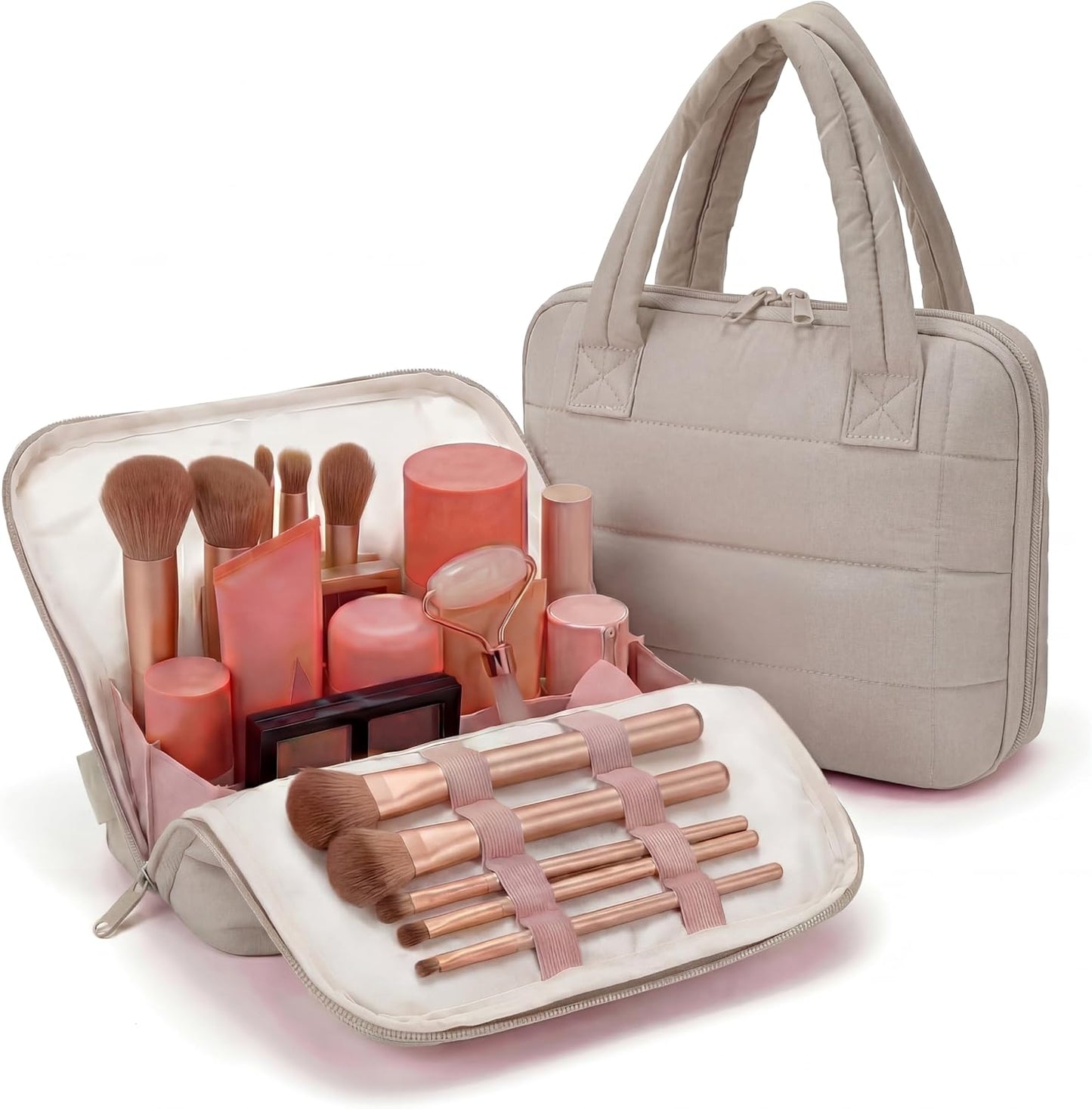 Travel Makeup Bag - Portable Fold-Down Cosmetic Organizer with Handle & Divider | Easy Clean EVA Lining