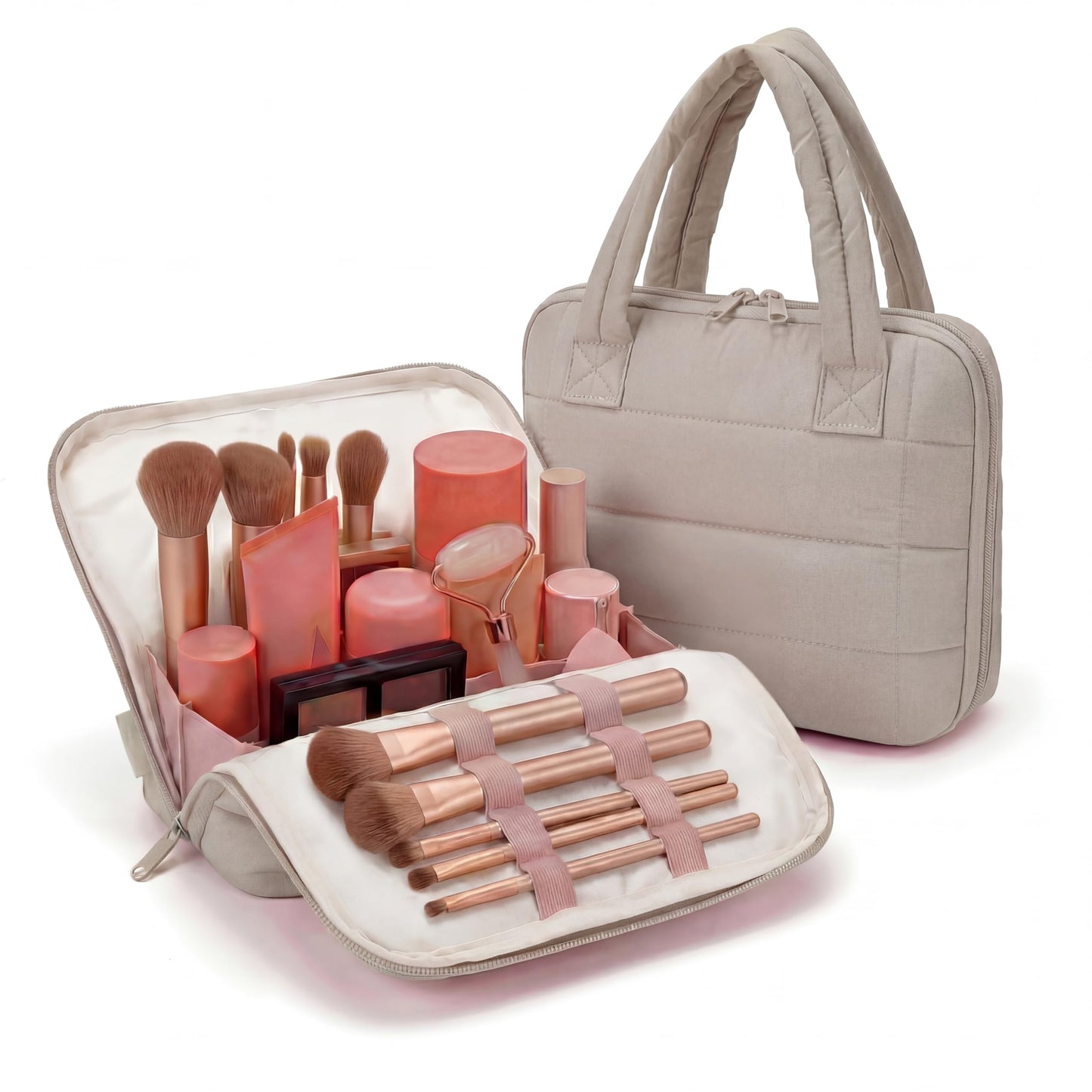 Wandering Nature Standing Makeup Bag for Travel, Portable Fold-down Cosmetic Organizer, Puffer Open Make Up Pouch with Handle & Divider & Brush Holder, Easy Clean Toiletry Bag with EVA Lining
