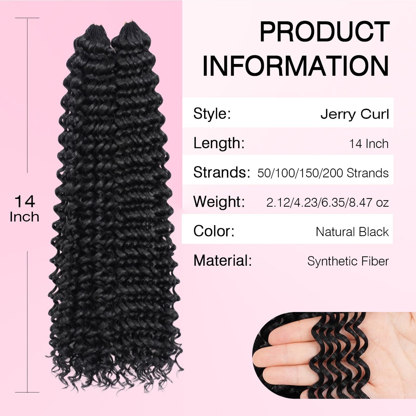 Miracle Knots Feather Crochet Hair (Jerry Curl) - 14" Hand-Tied Synthetic Extensions, 100 Strands Soft Cotton Core Glue-Free Knotless Hair Pieces (Natural Black)