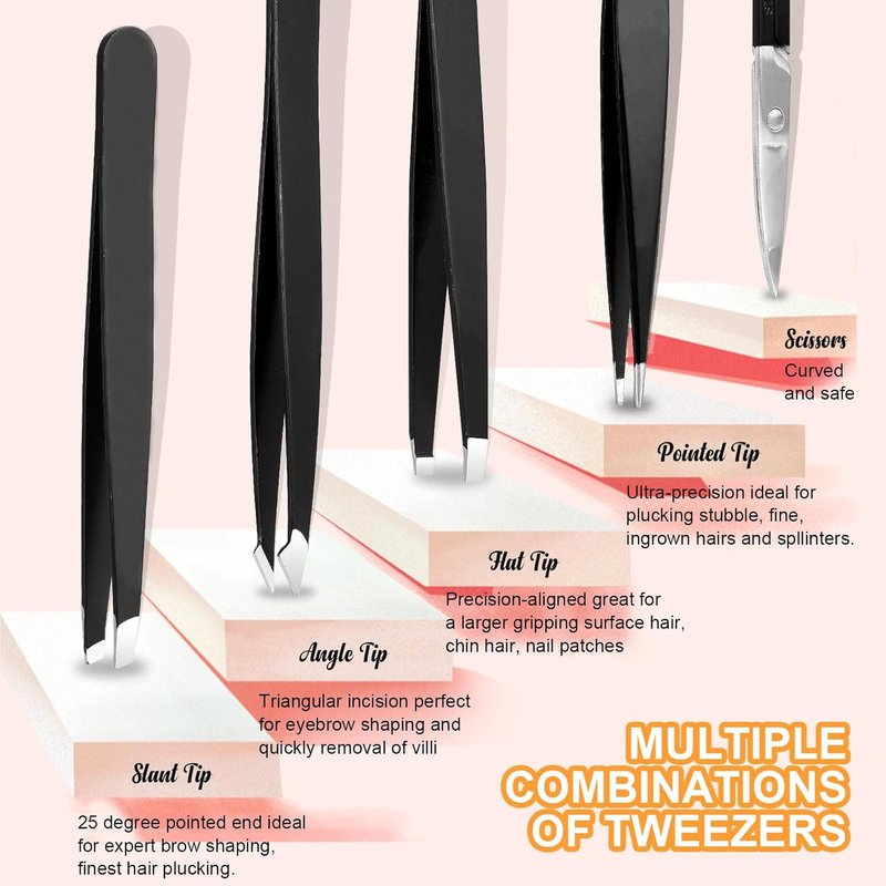 Professional Stainless Steel Tweezers and Nail Clippers Set - 9 Pcs Beauty Kit with Curved Scissors & Eyebrow Razor | Leather Travel Case