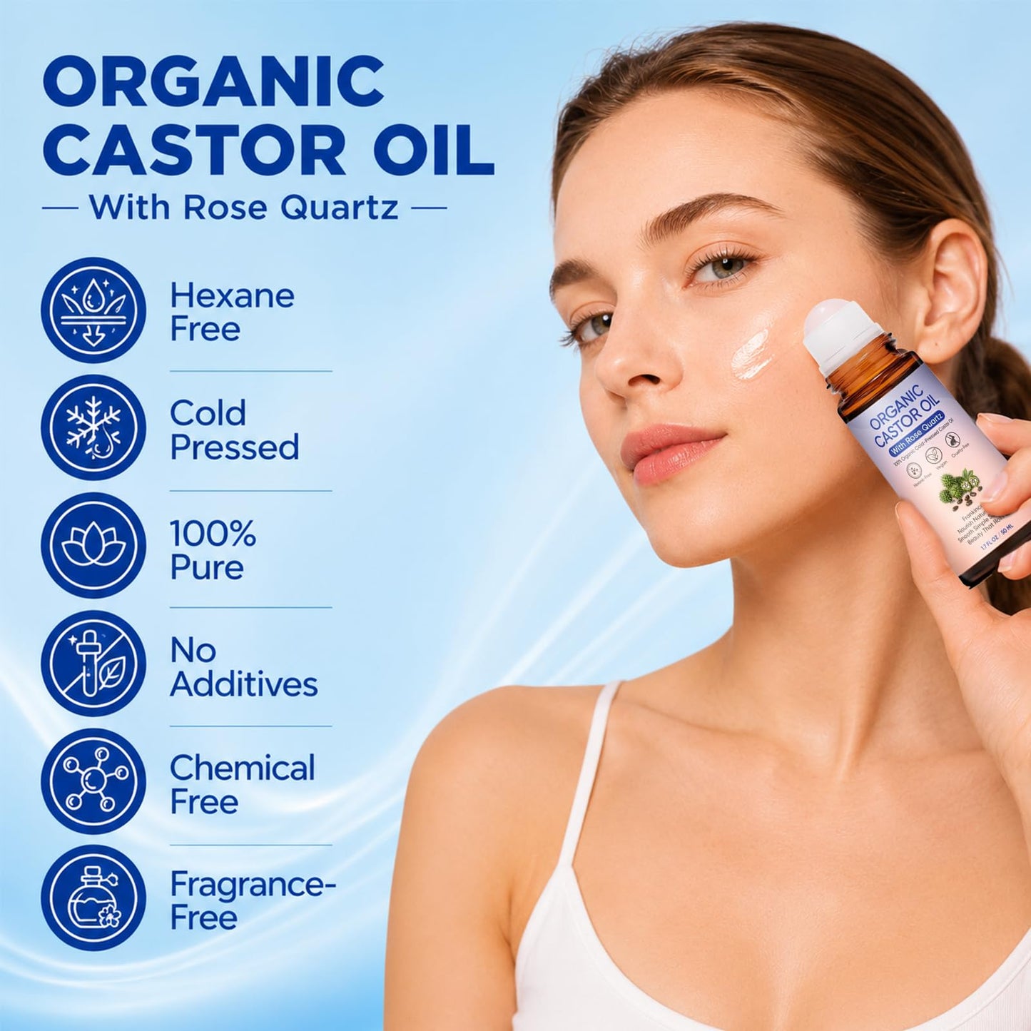 PlocoXe Castor Oil Rose Quartz Roller Ball, 100% Cold Pressed Hexane Free Organic Castor Oil Roll On for Face, Skin, Eyebrows & Eyelashes, Moisturizing Beauty Oil, 1.7 Fl Oz (50mL)