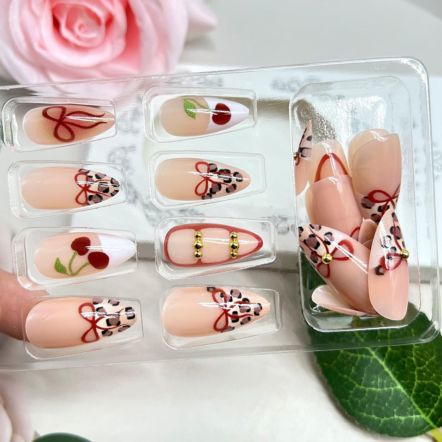 3D Cherry Bow Press-On Nails - Leopard Print French Tip Glossy Long Almond Acrylic | Reusable Artificial Stick-On Nails for Women