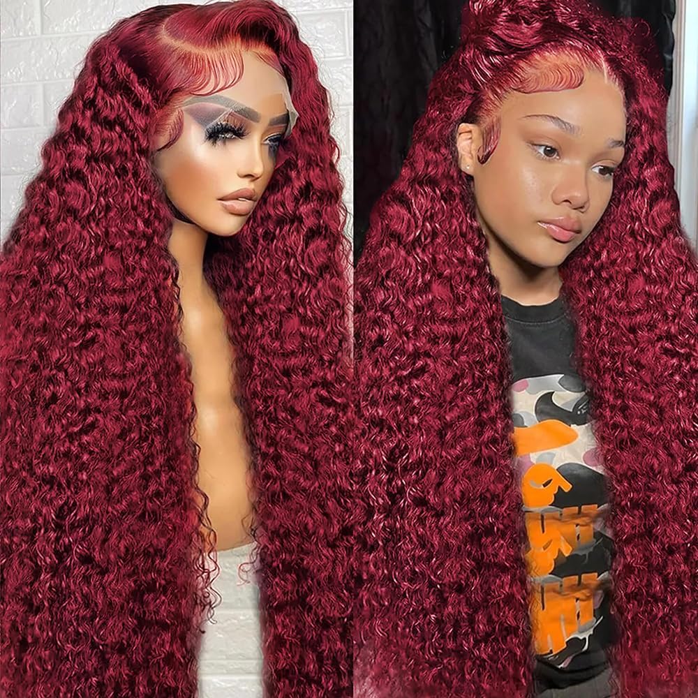 Burgundy 250 Density Human Hair Wig - 30 Inch 13x6 Deep Wave Lace Front | Pre-Plucked HD Transparent Lace Frontal for Women