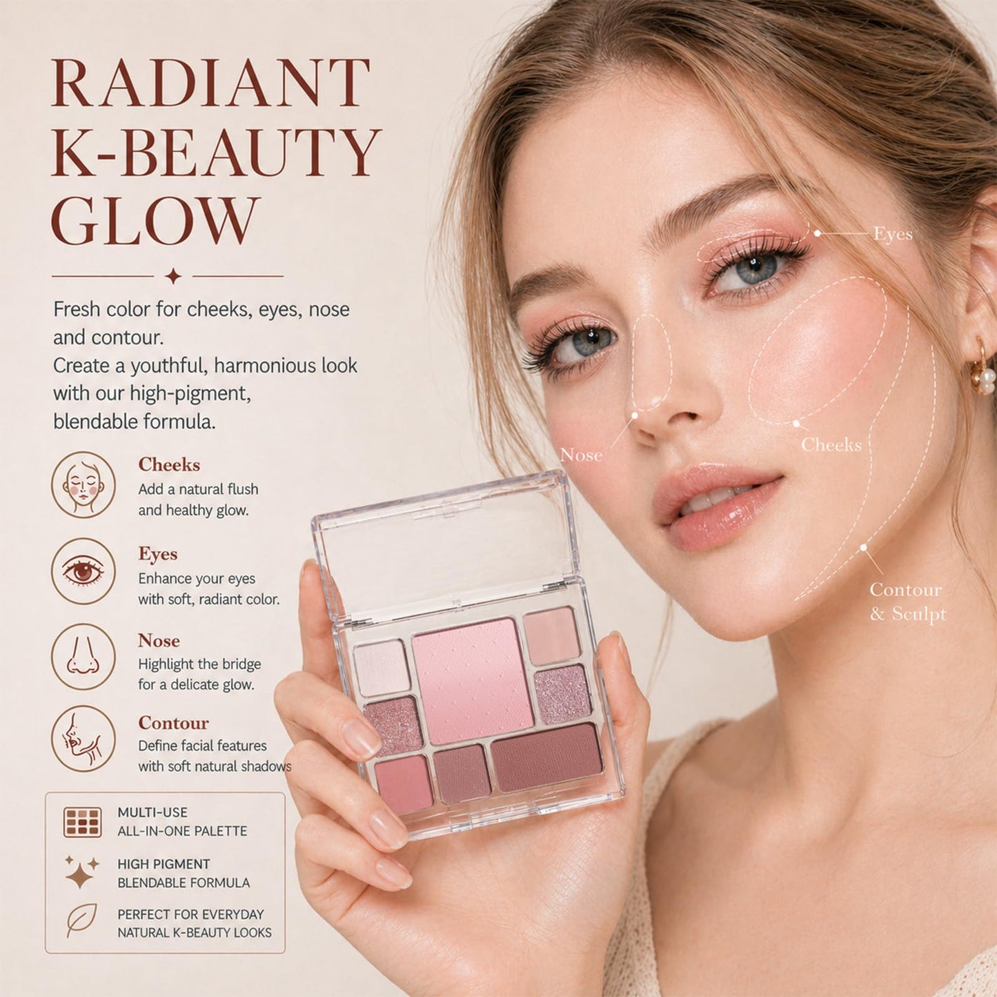 All-in-One Makeup Palette with 6 Matte Shimmer Eyeshadows, Ombre Blush & Contour, Highly Pigmented Blendable Face Palette for Daily Makeup, Travel, Office, Dates & Gift for Women(01 Soft Rosy)