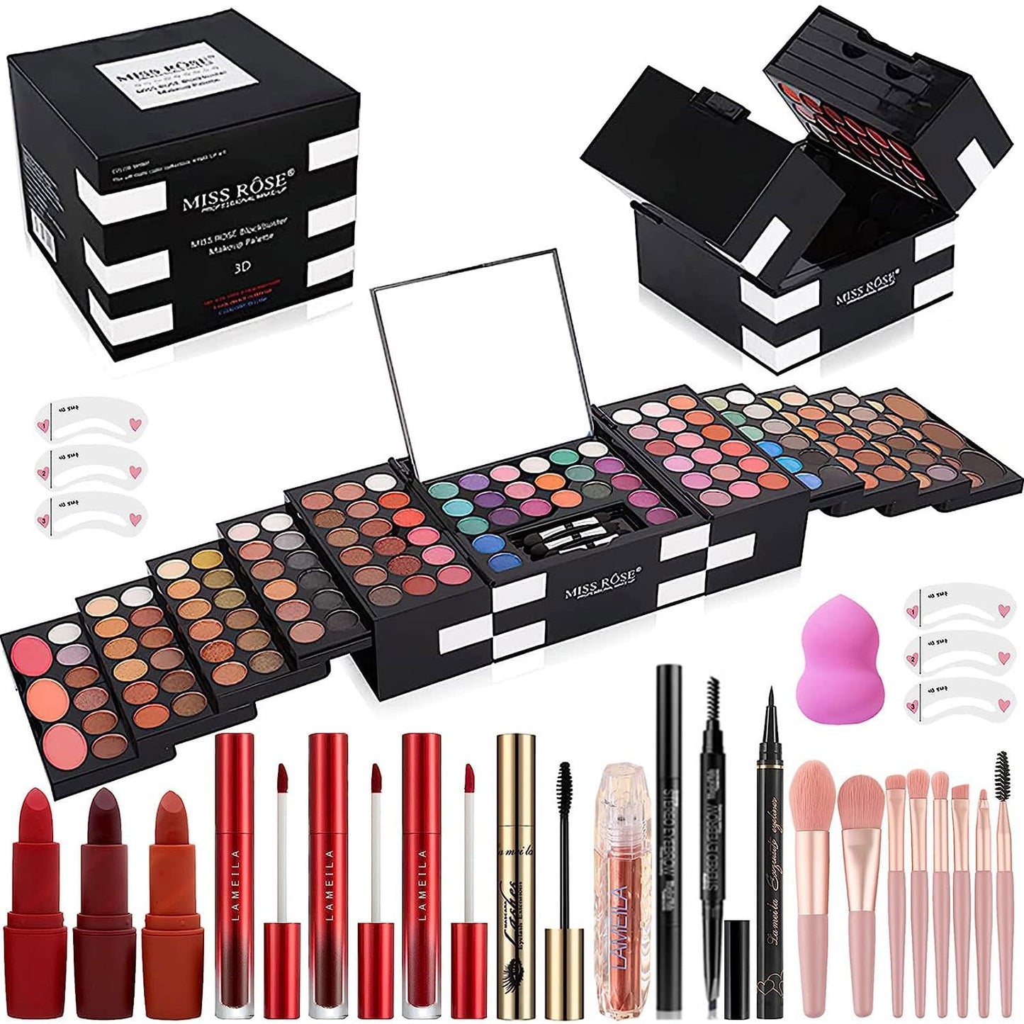 MISS ROSE Professional Makeup Palette - 148 Colors All-in-One Kit for Women | Includes Eyeshadow, Lipstick, Eyeliner, Concealer, Brushes (045 Set - Black)