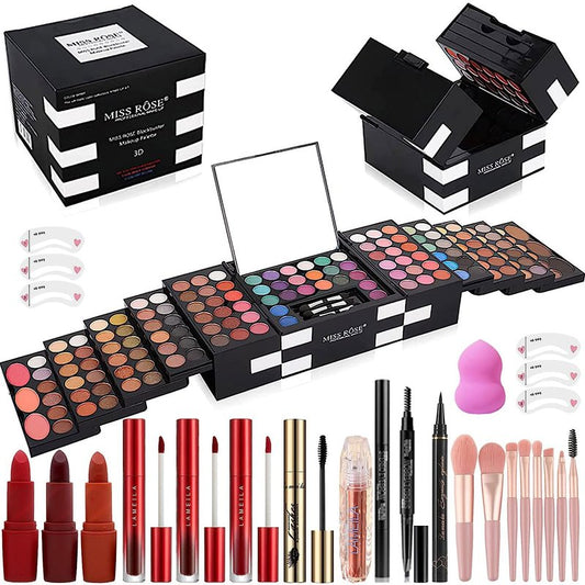 MISS ROSE Professional Makeup Palette - 148 Colors All-in-One Kit for Women | Includes Eyeshadow, Lipstick, Eyeliner, Concealer, Brushes (045 Set - Black)