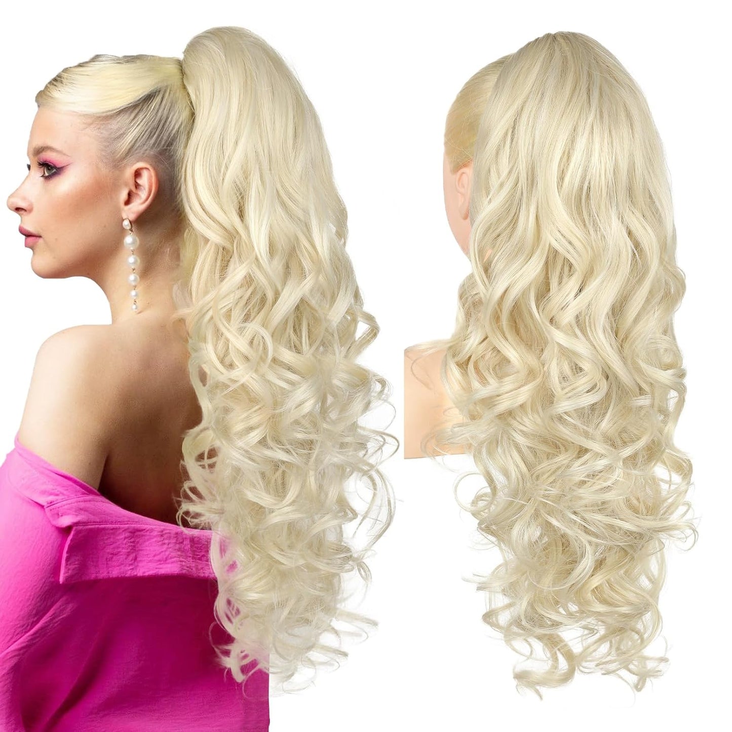 Ponytail Extension - 24" Claw Clip In Long Curly Wavy Hairpiece | Medium Blonde with Highlights