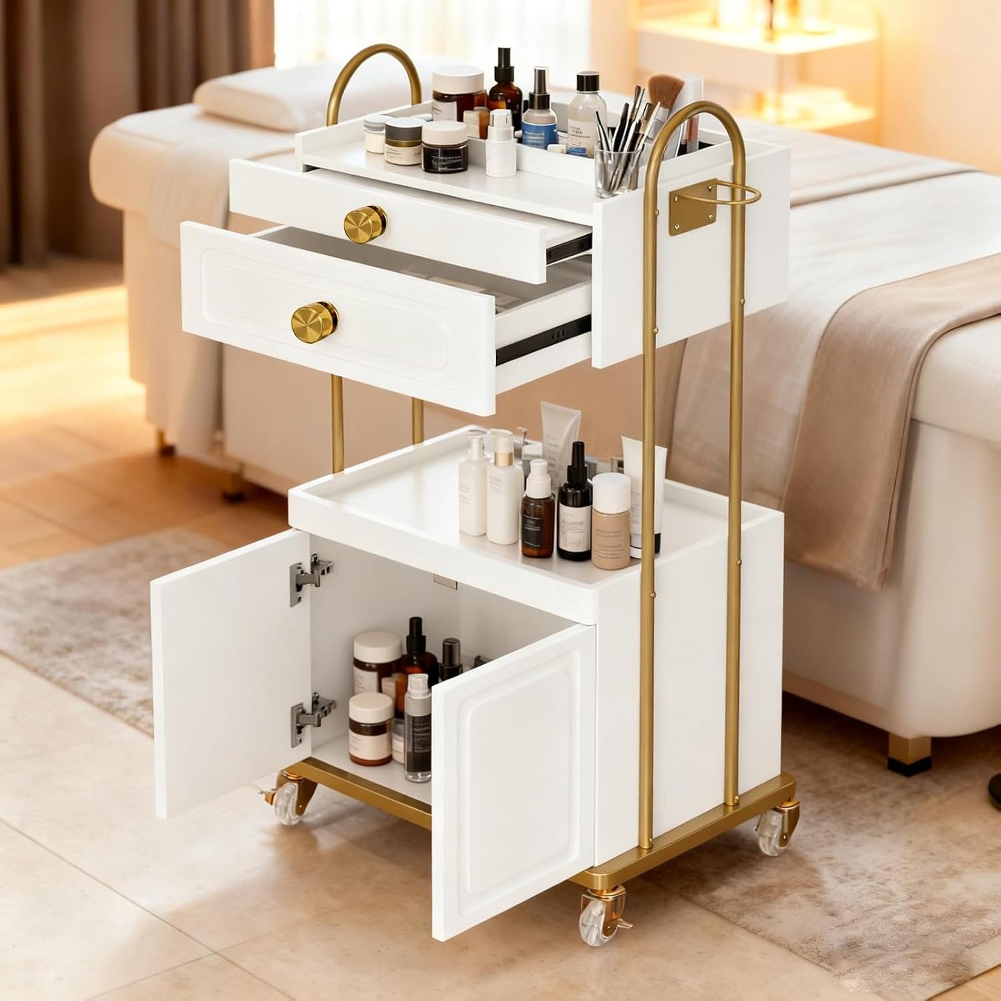 Salon Trolley Cart - Lockable Wheels & Storage Cabinet for Hair Stylists | White & Gold