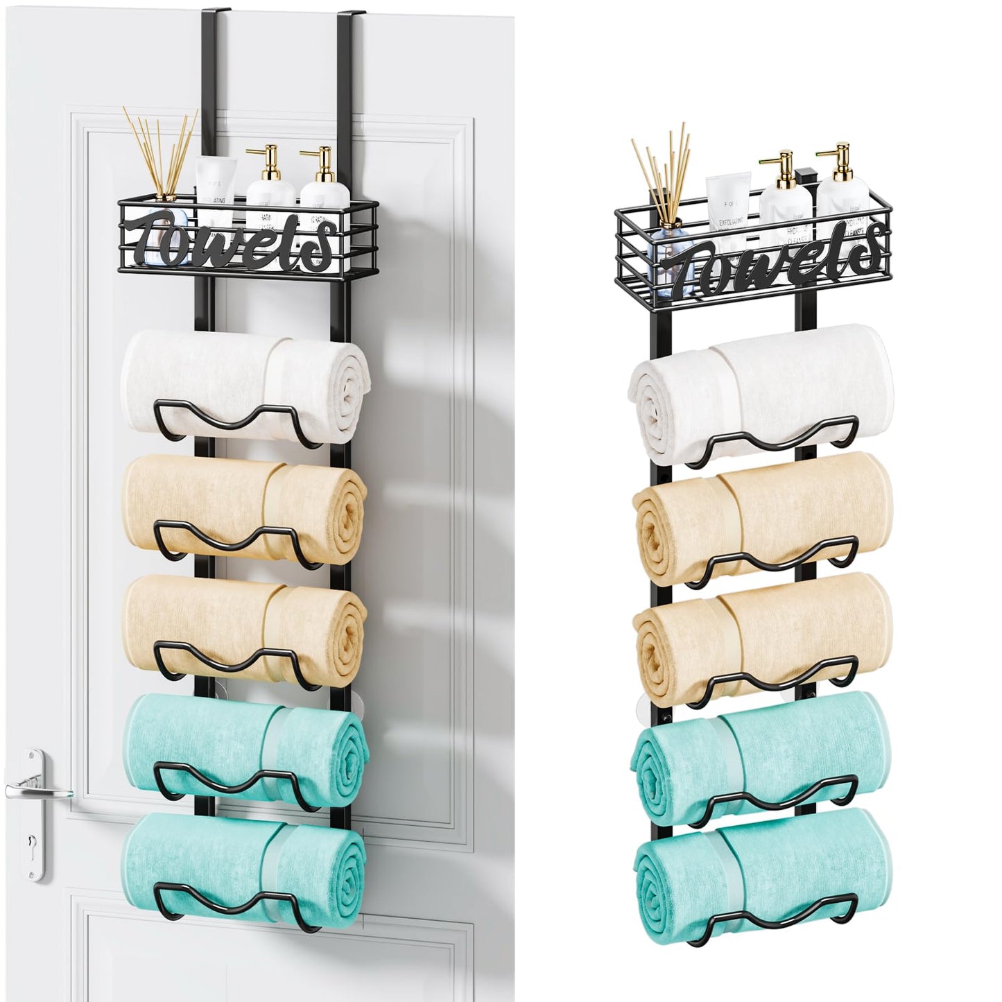 HapiRm Over The Door Towel Rack - 6 Tier Wall Mount Rolled Towel Holder Storage Organizer Shelf with Storage Basket for Small Bathroom, Rv, Camper - Black