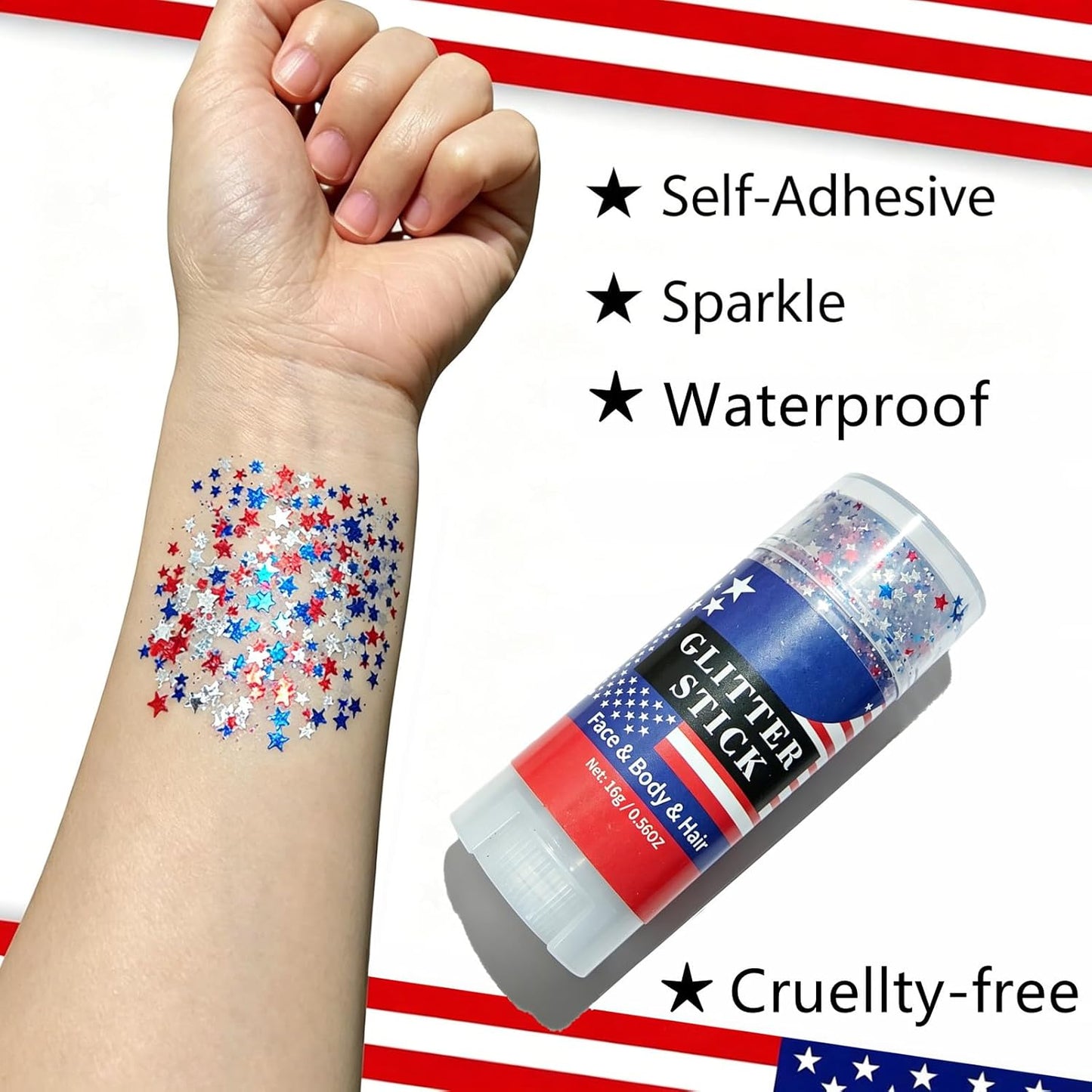 Red White and Blue Glitter Stick - Waterproof Star Face & Body Glitter for 4th of July | Patriotic USA Flag Glitter, 0.56oz