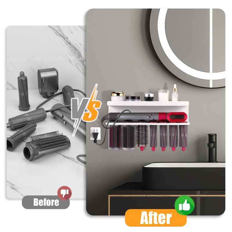 Zenymb Wall Mount Holder for Dyson Airwrap Styler, White Storage Rack Organizer for Hair Curling Iron & Attachments – Space-Saving Bathroom Bracket Stand, No-Drill Installation