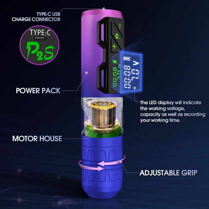 EZ Tattoo Gun Kit - Wireless Tattoo Machine Kit Complete with Rotary Tattoo Machine Pen, 20Pcs Tattoo Cartridge Needles, 1800mAh Power Supply Battery and 8 Color Tattoo Inks (P2S Purple)