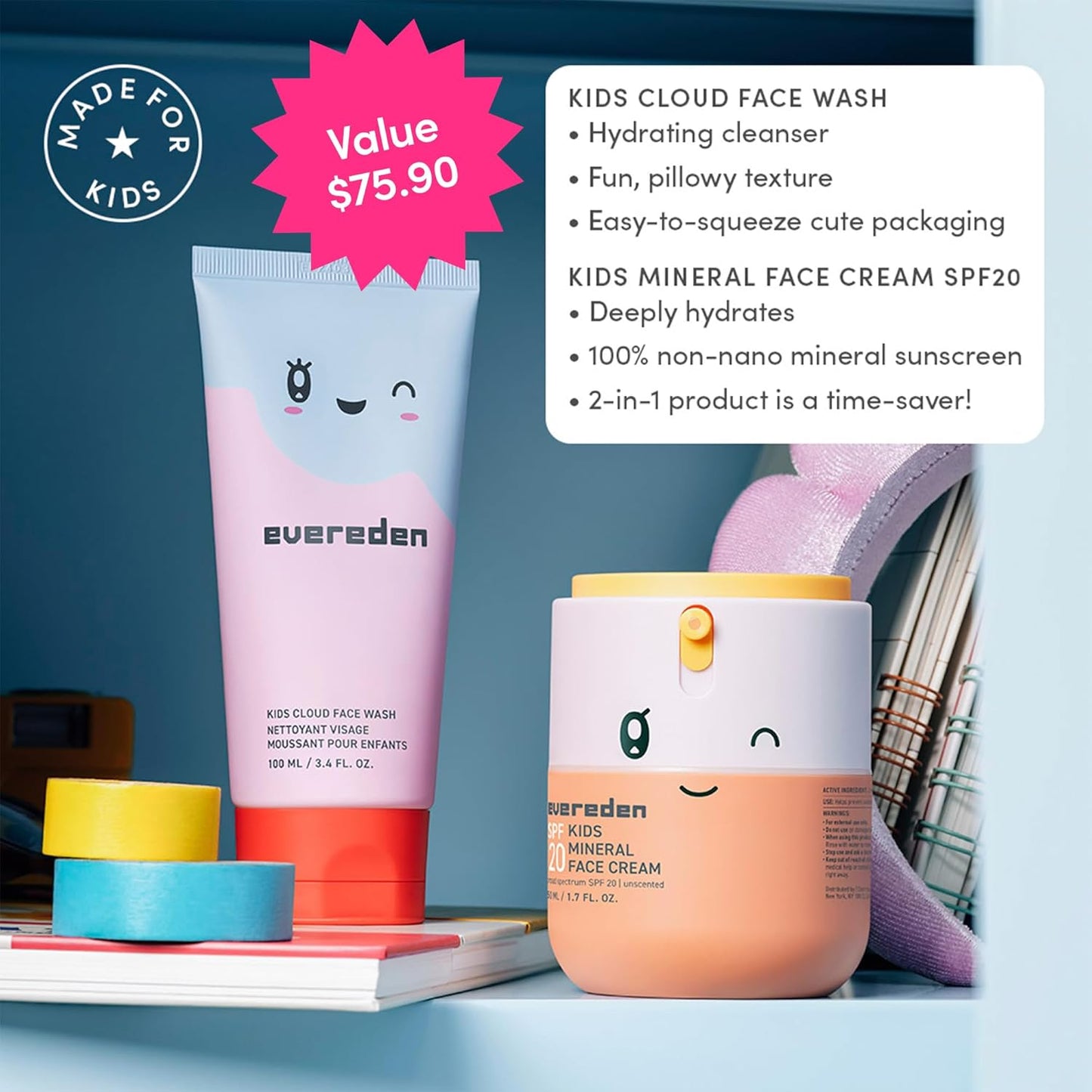 Evereden Kids Face Wash & SPF 20 Cream Set - Dermatologist-Tested Mineral Sunscreen with Zinc Oxide & Vitamin B5 | Gentle for Sensitive Skin, Ages 3+
