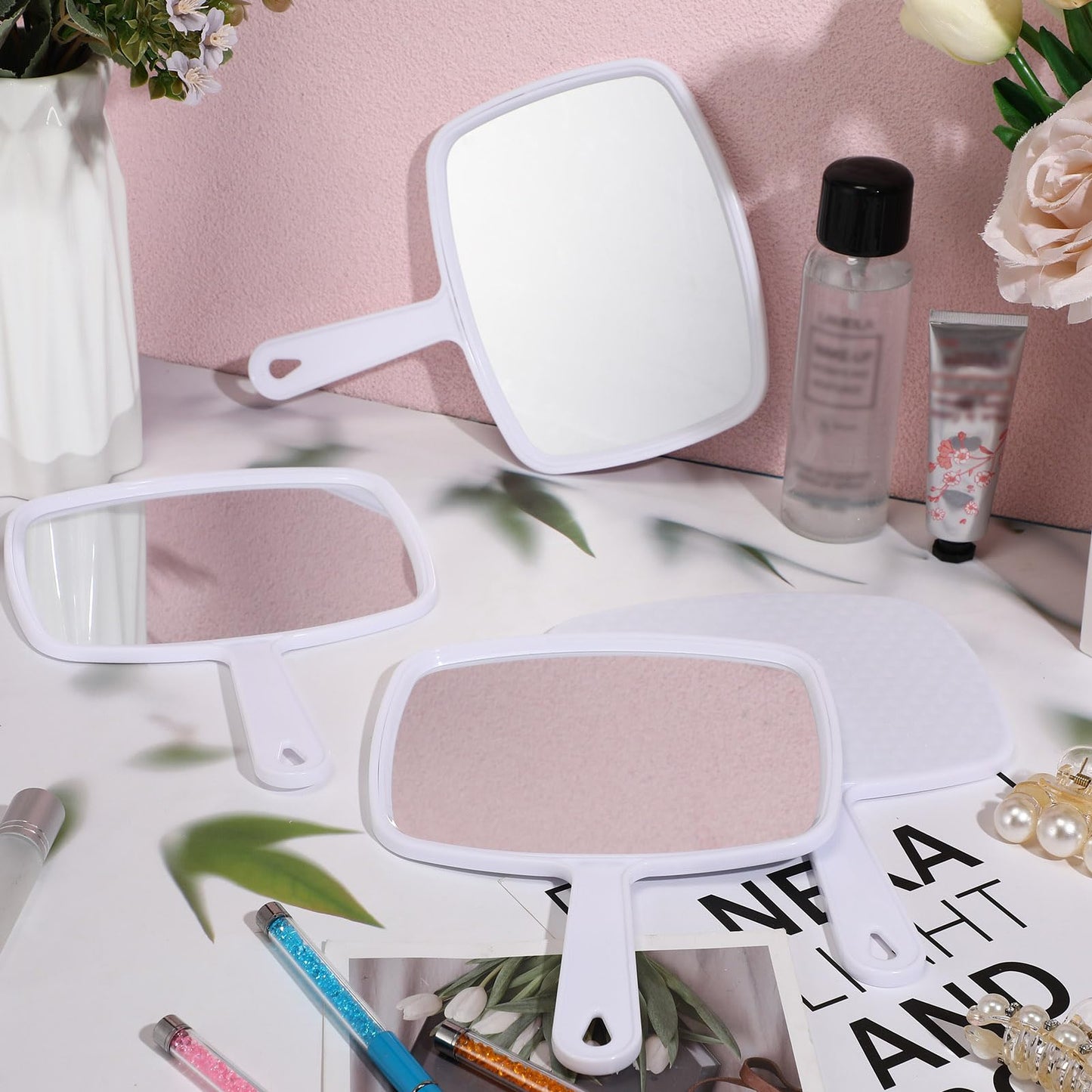 Geetery 12 Pcs Hand Mirror Handheld Makeup Mirrors with Handle Wall Mount for Cosmetic Bathroom Home Barber Salon Travel Portable Beauty School Gift for Women Student 6.69 x 9.45 Inch(White)