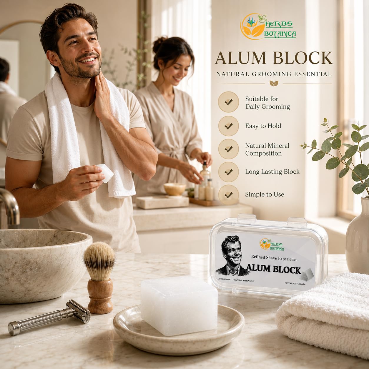 Herbs Botanica Alum Block for Shaving 100% Pure Natural Potassium Alum Crystal Traditional Post-Shave Grooming Block – Unscented Mineral Bar for Men’s Wet Shaving Routine