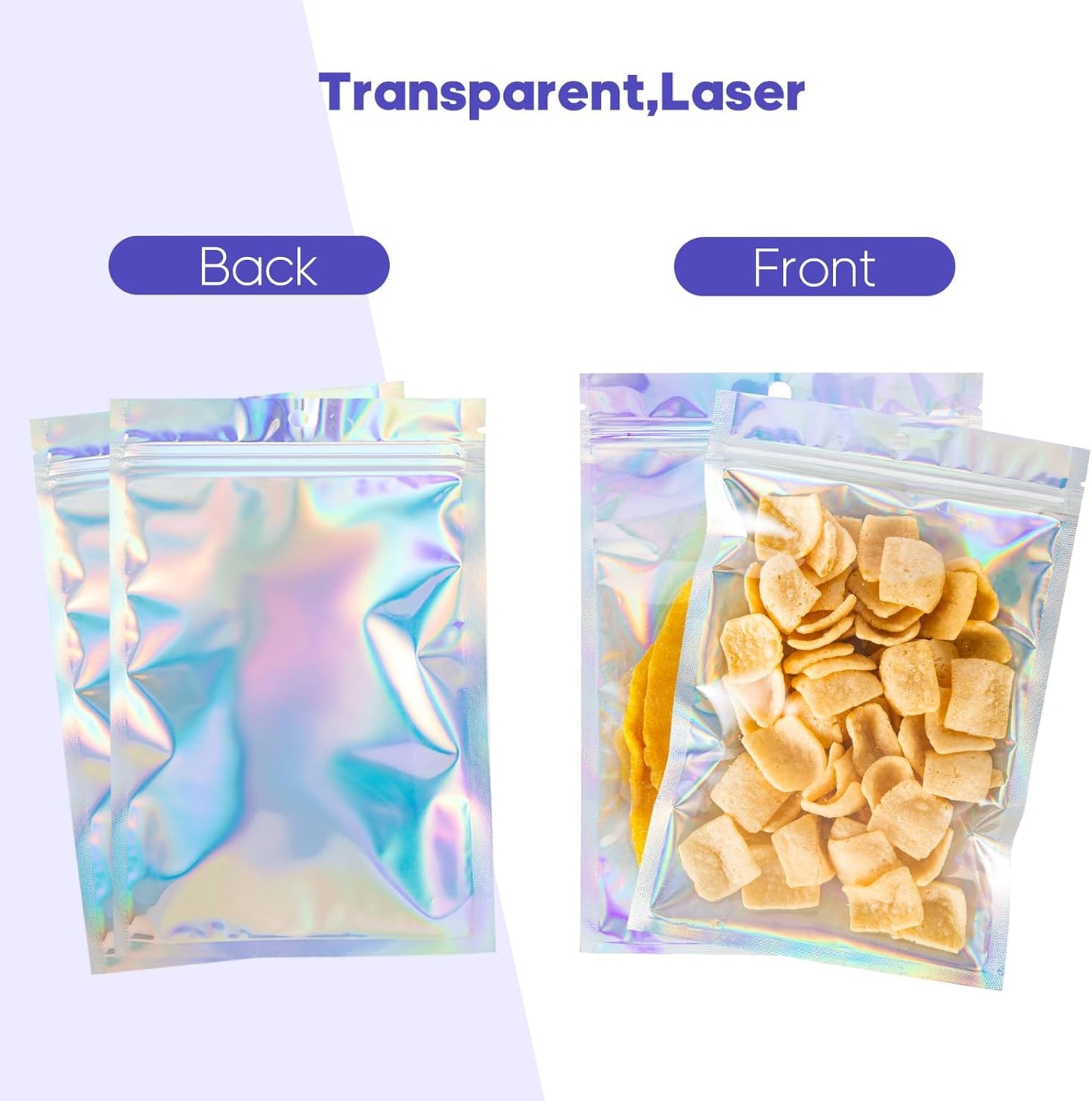 Holographic Resealable Foil Pouch Bags - Mylar Sample Bags for Food Storage | 50 Pcs, 6x9 Inch