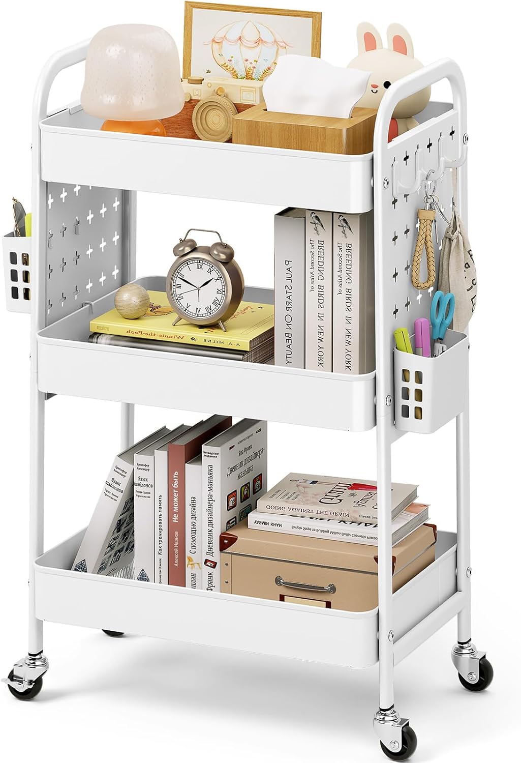 3 Tier Rolling Cart with DIY Pegboard - Metal Utility Cart with Wheels, Hooks & Baskets | Sturdy Storage Organizer for Craft, Bathroom, Kitchen, Office, Nursery, Classroom (Pink)
