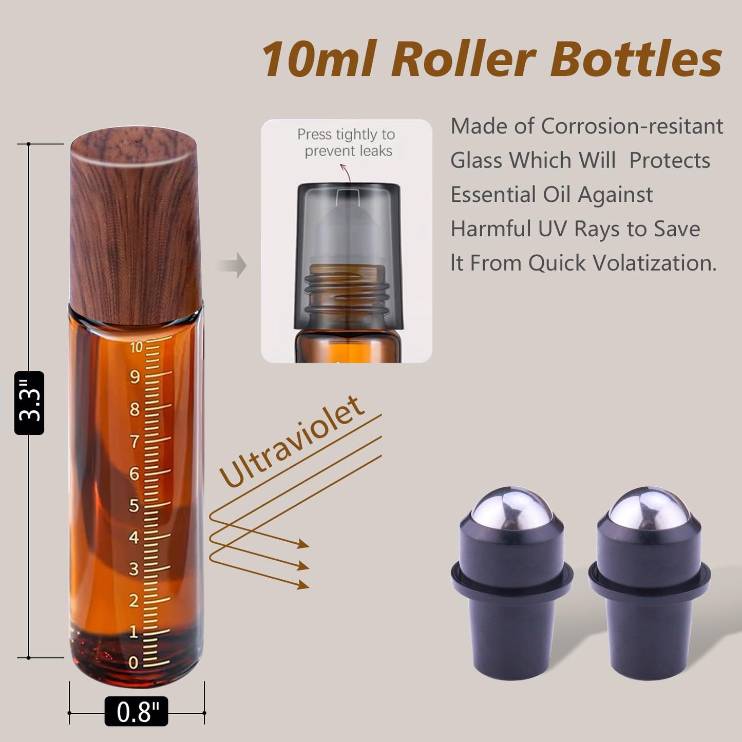 Matifaner 30pcs Essential Oil Roller Bottles, Amber Glass Roller Balls for Essential Oils, 10ml Empty Rollerball Bottles for Travel Refillable Roll on Perfume