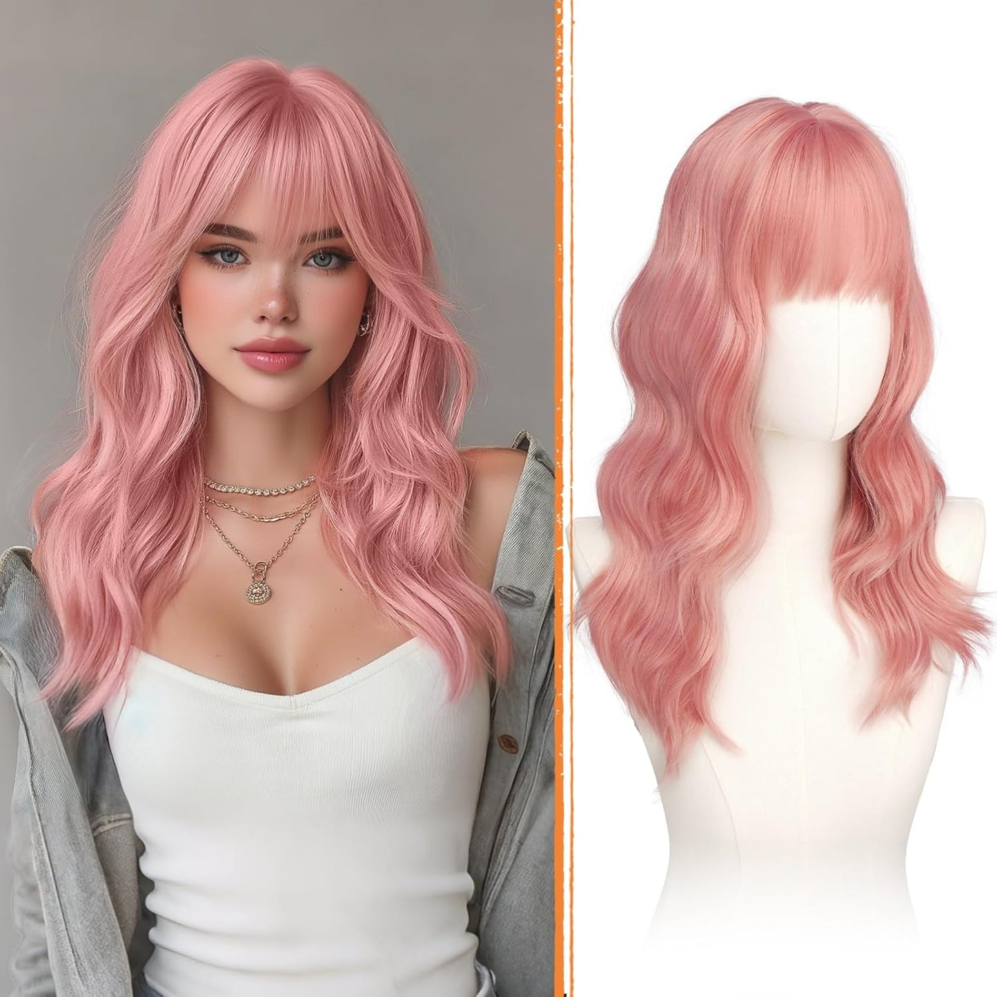 Brown Wigs with Bangs - 20 Inch Soft Wavy Synthetic Heat-Resistant Hair Wig for Women | Natural Look, Perfect for Daily Wear