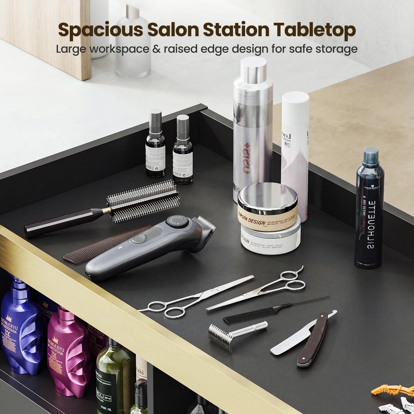 Oakvera Salon Station for Hair Styling, Professional Barber Storage Cabinet with 3 Drawers, 3 Hot Tool Holders and 3 Open Shelves, Freestanding Beauty Salon Spa Storage Furniture