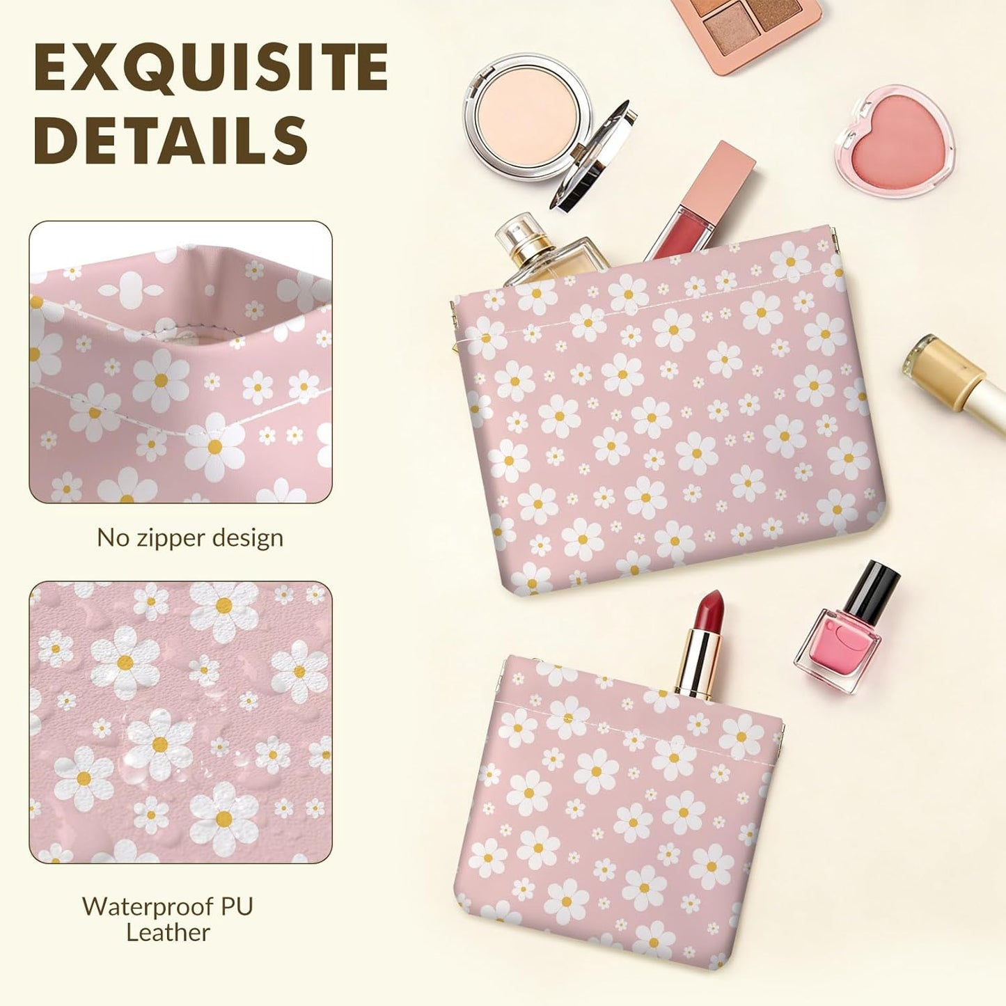 Makeup Bag Set - 2 PCS PU Leather Cosmetic Organizer | Portable Self-Closing Coin Purse for Women - Pinkish-White Flowers