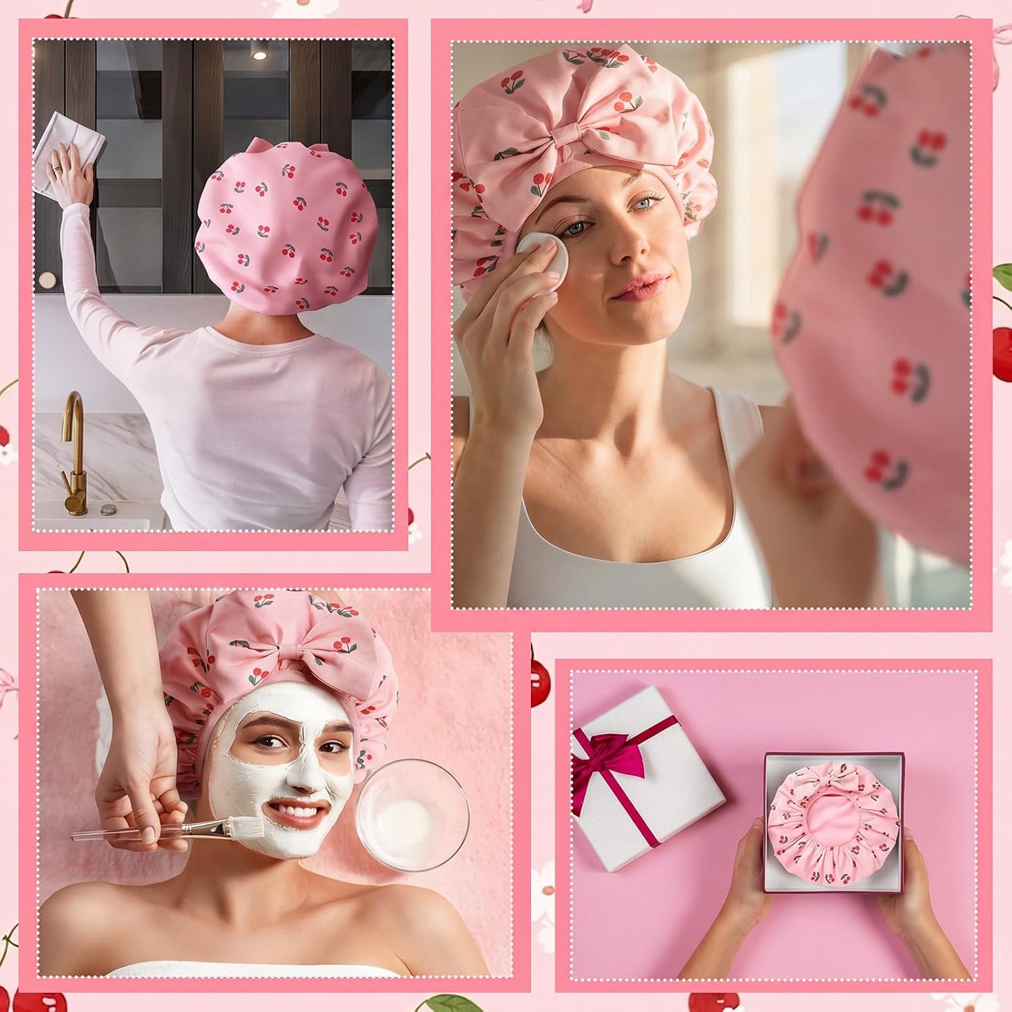 Cherry Shower Cap for Women - Terry Lined, Waterproof & Adjustable | Reusable Double Layer Bath Bonnet for Braids & Curly Hair
