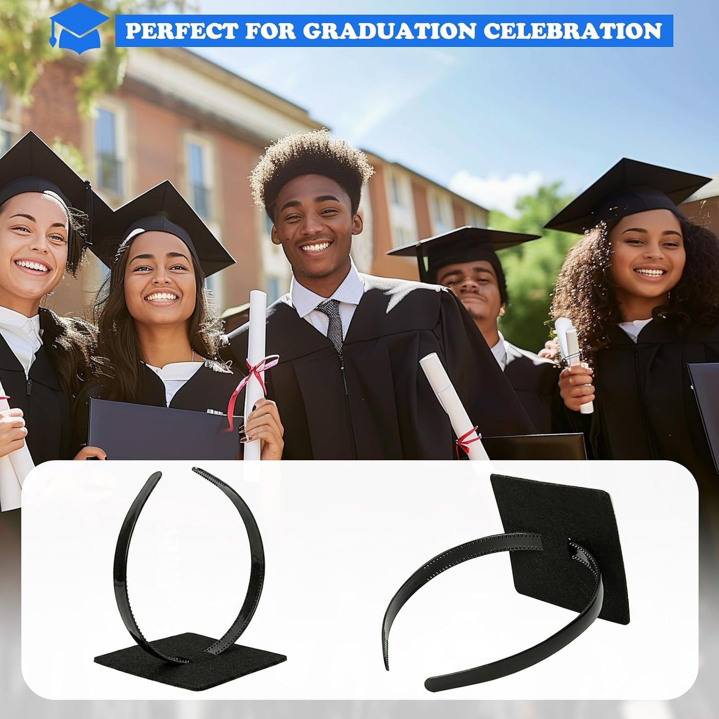 Graduation Cap Headband - 2 Pack Black Anti-Fall Hairbands with Adhesive Inserts | Essential Accessories for Graduates & Students