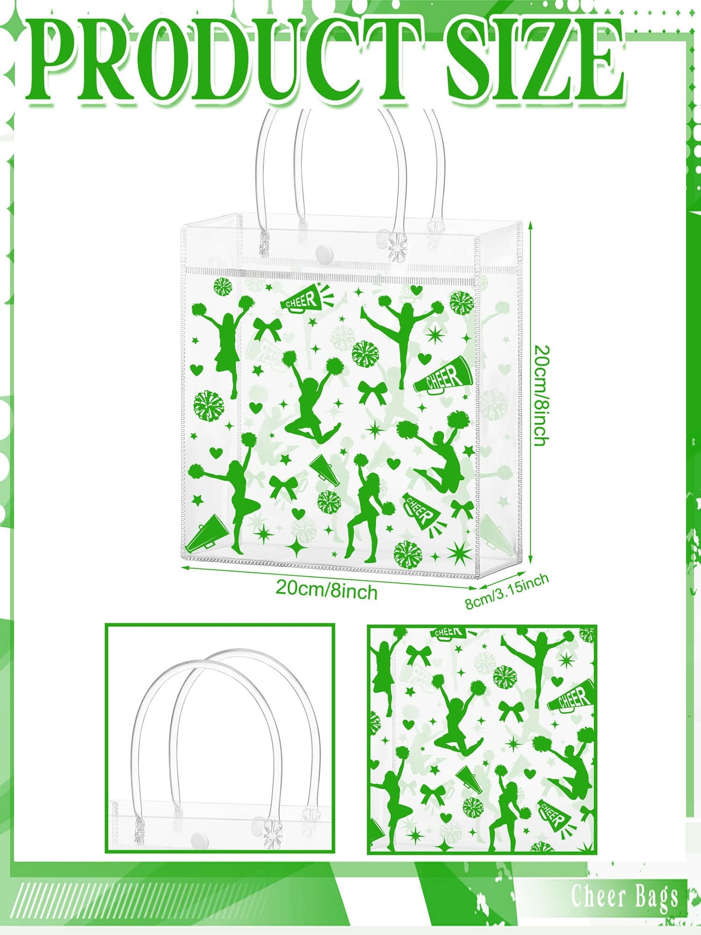Sweetude 24 Pcs Cheer Clear Treat Bags with Handles for Cheer Team Cheerleader Gift Bag Bulk Cheerleader Party Supplies(Green)