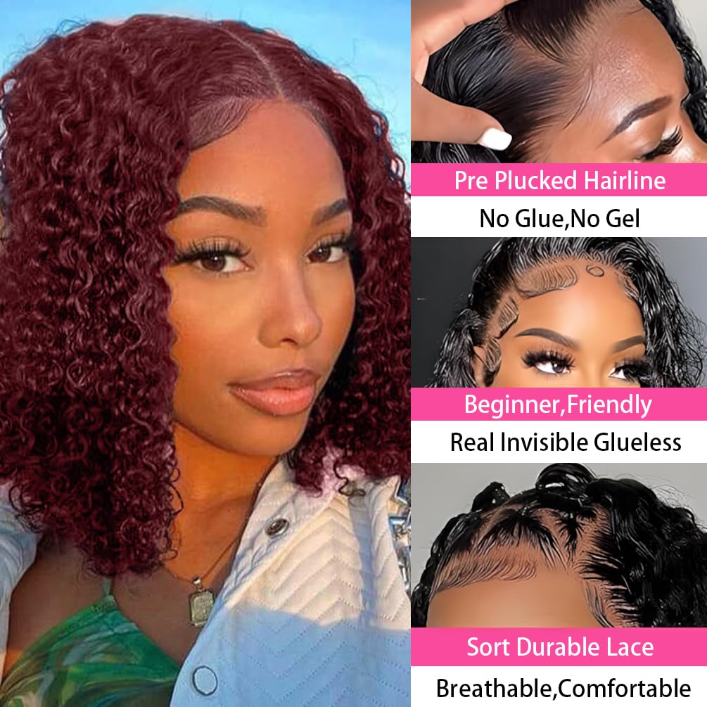 Amygirl Wear and Go Glueless Wigs Human Hair Pre Plucked Pre Cut Bob 4x4 Curly Wave Lace Front Wigs Human Hair 180% Density No Glue Wigs for Black Women, Burgundy, 14 Inch