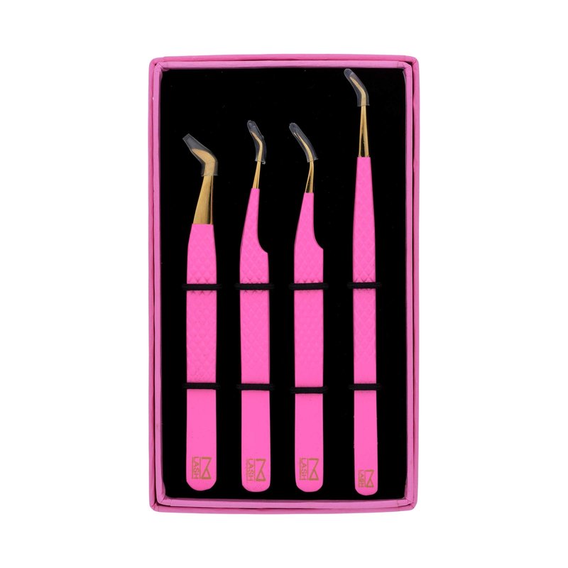 M LASH Eyelash Tweezers for Eyelash Extensions (Set of 4) - Professional Lash Extension Tweezers - Fiber Tip Lash Tweezers, Japanese Steel, Diamond Grip For Flawless Application (O3)