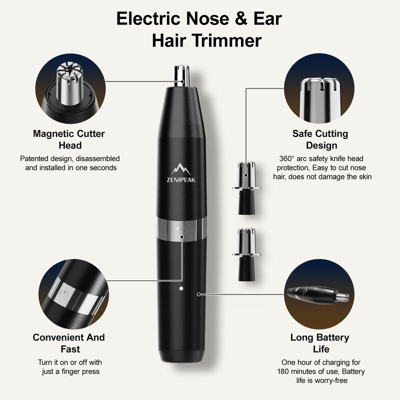 ZENIPEAK Professional Nose Hair Trimmer for Men & Women, USB-C Rechargeable Electric Ear & Nasal Clipper, Micro-Vacuum, Painless 8000 RPM, 3 Patented Magnetic Heads, Waterproof Travel Kit.