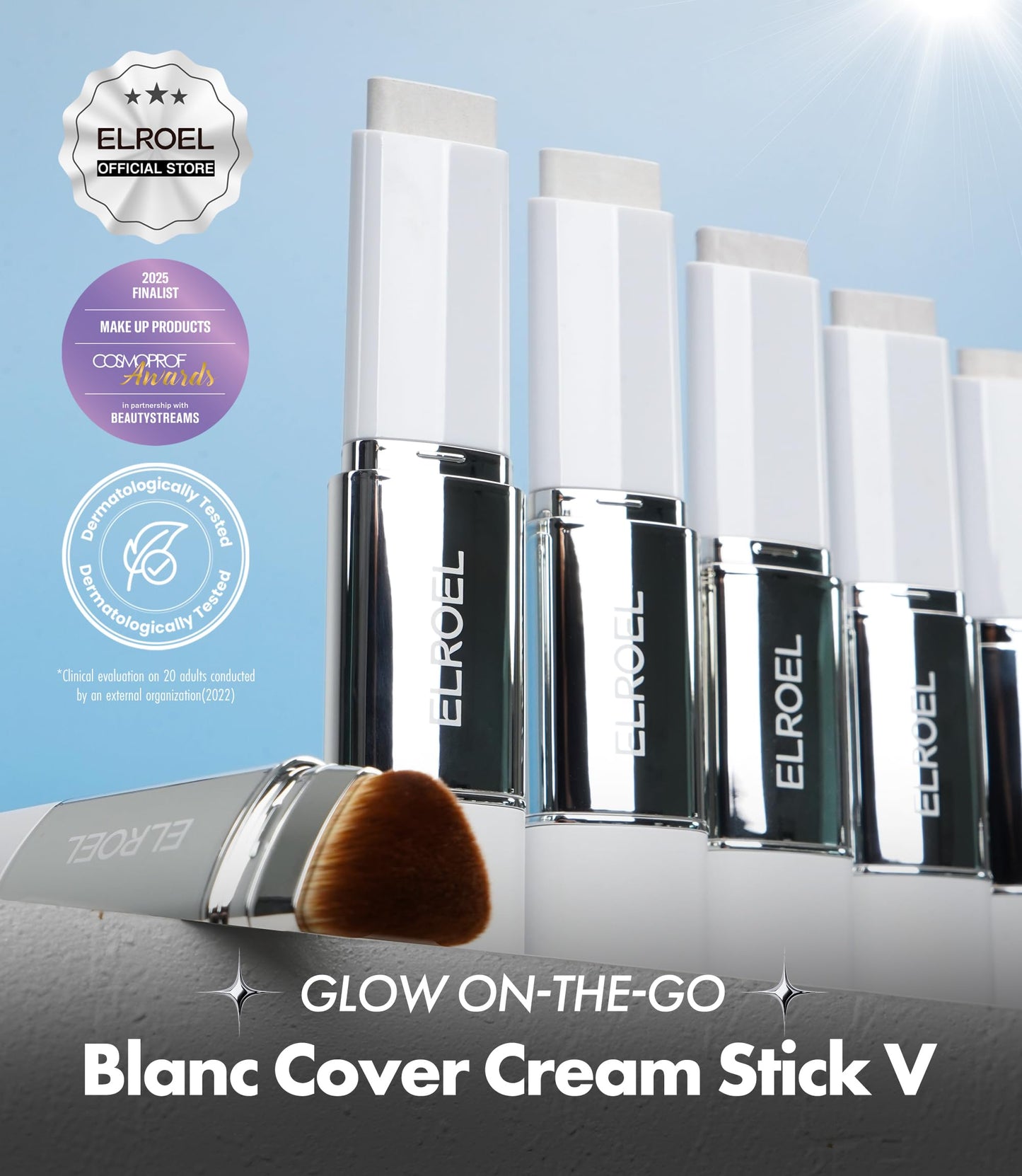 ELROEL Blanc Cover Cream Stick V White - Korean Color-Changing Foundation Stick with Volufiline - Medium to Full Coverage Dewy Finish Base Makeup - Dual-Ended with Detachable Brush (201 Light)