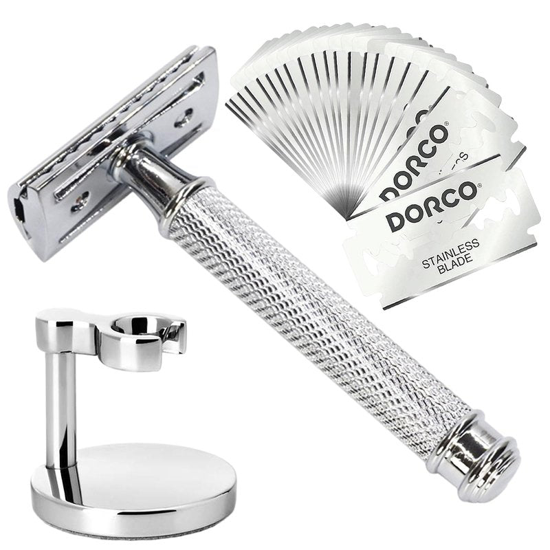 Hysotok Double Edge Safety Razor Set With 20 Blades, Stand, Heavy Duty Kit for Men's Everyday Use and Smooth Close Shave (Silvery)