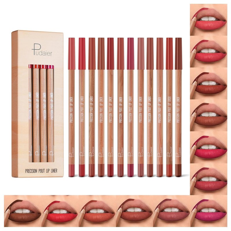 Lip Liner Set - 12 Pcs High Pigment Natural Oak Brown Pink Red Makeup Pencils | Smooth Application