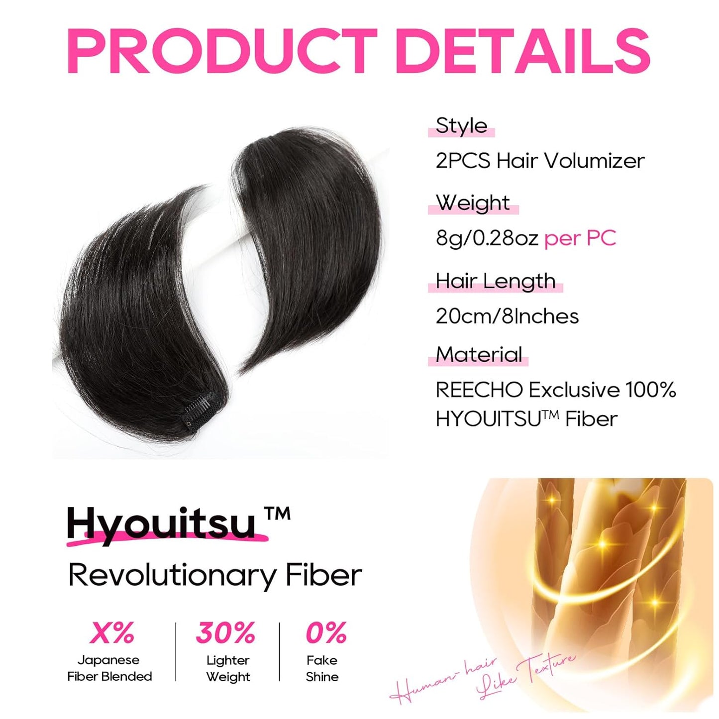 Clip In Hair Volumizer - Short Thick Hairpieces for Extra Volume | Black Brown, 8 Inch (Pack of 2)