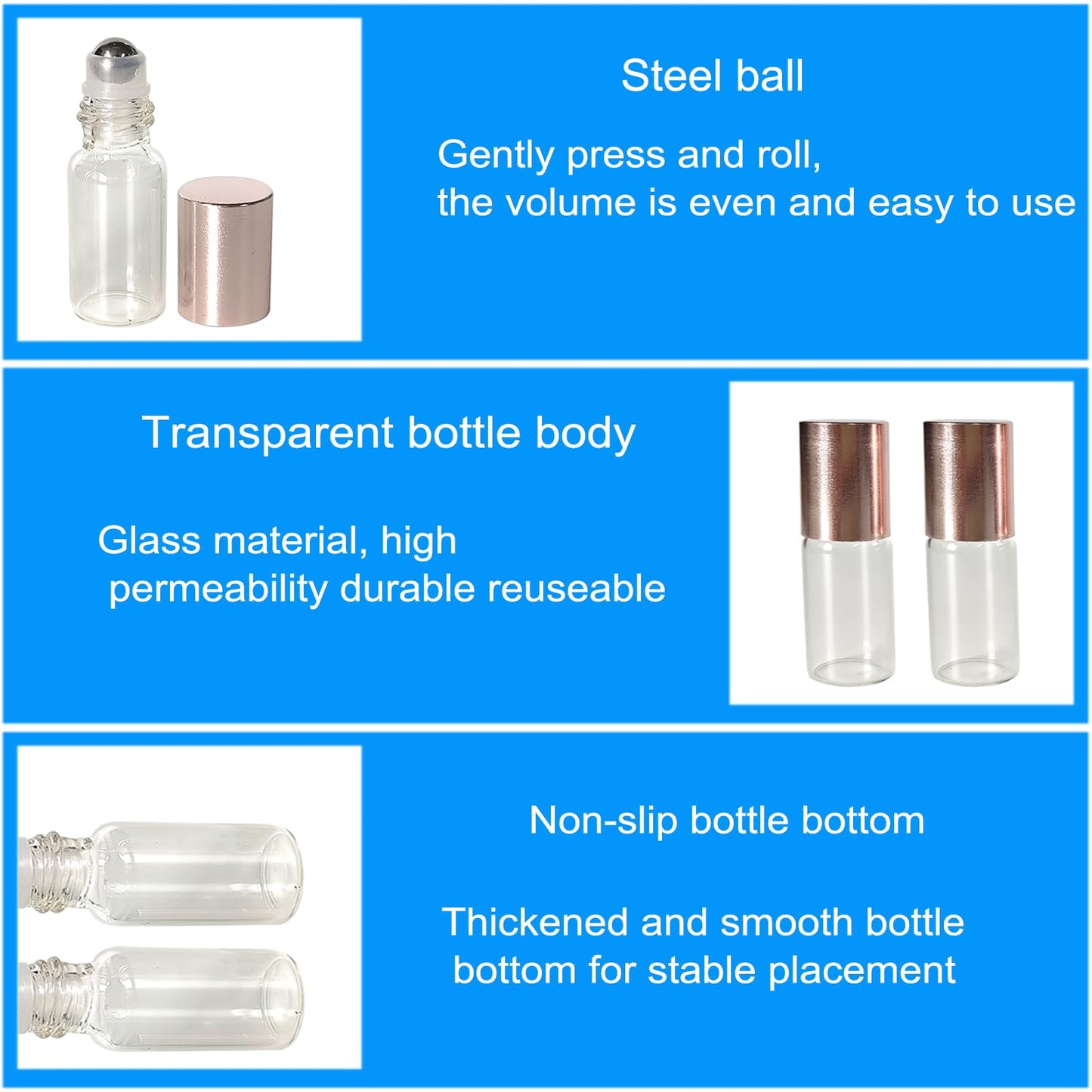AGENIZ 50Pcs Mini Clear Glass Roller Bottles for Essential Oil, 3ml Roller Bottles with Stainless Steel Roller Balls, Refillable Roll on Bottle (Clear, 3ml)