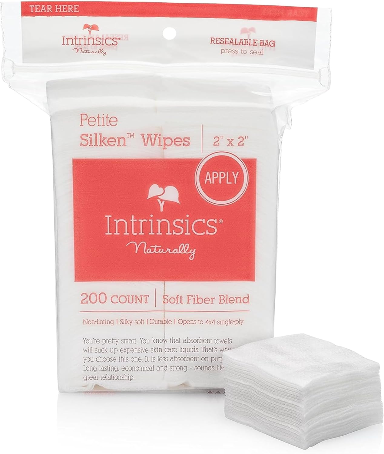 Intrinsics Petite Silken 2x2 Facial Wipes - 200 Count Lint-Free Cotton Pads for Makeup Removal & Toner