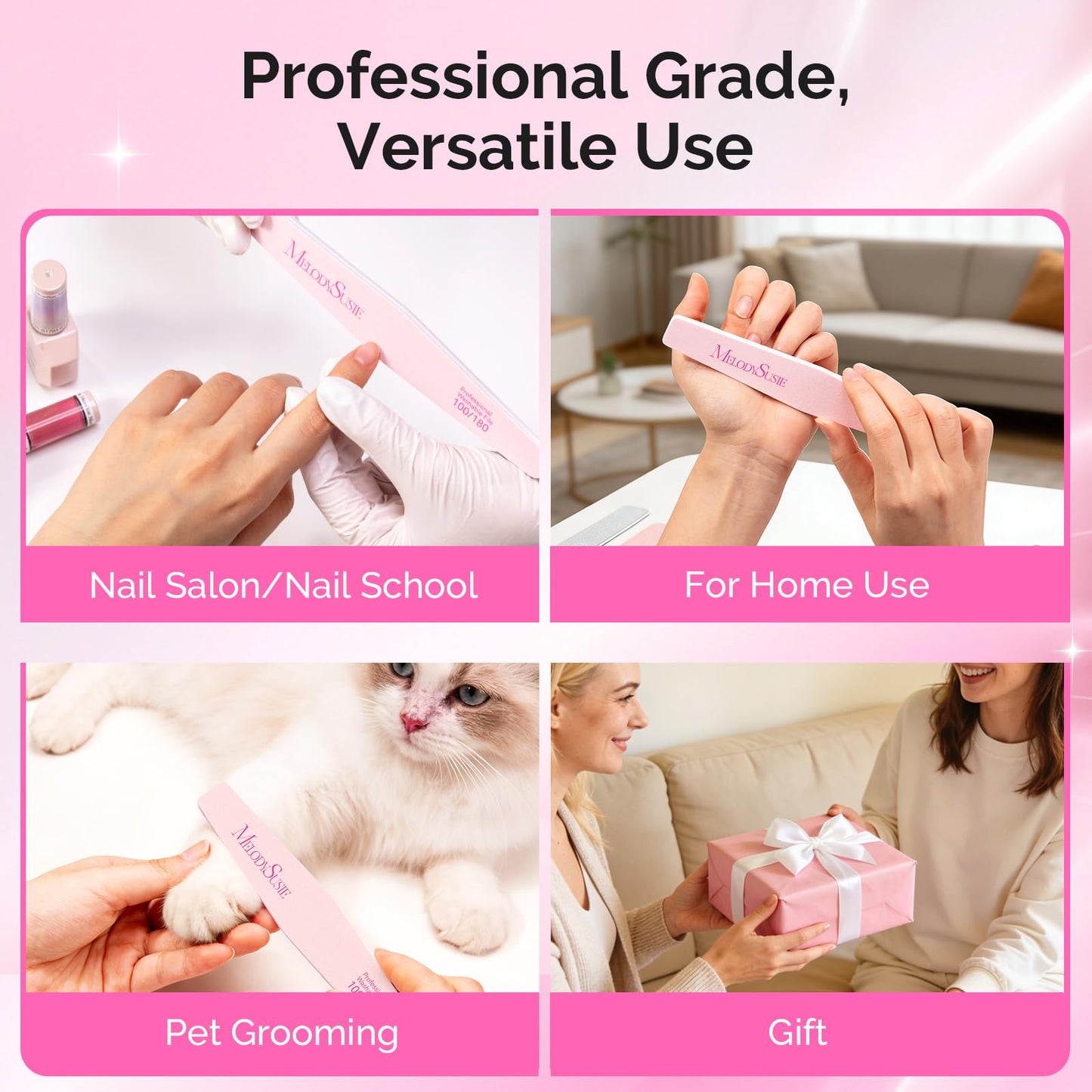 MelodySusie 10Pcs Nail Files 100/180 Grit, Mixed-Shape Double Sided Emery Boards Bulk Pack for Acrylic, Gel and Natural Nails, Professional Manicure Pedicure Shaping Tools for Home Salon, Pink
