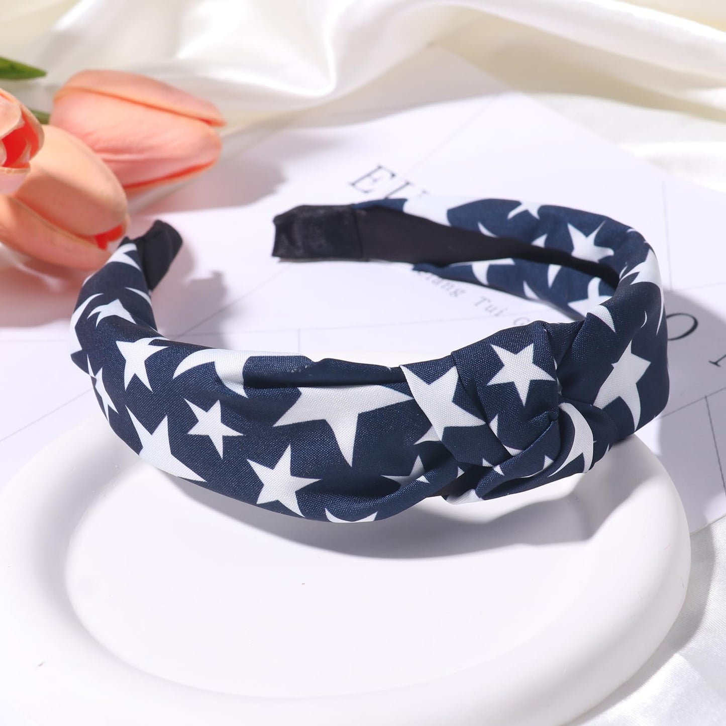HIFANMM 4th of July Headband Independence Day Hair Accessories for Women Girls White Stars Blue Hair Decoration Non Slip Wide Knotted Hair Band Patriotic Parade Makeup Decor Supplies 1 Pcs