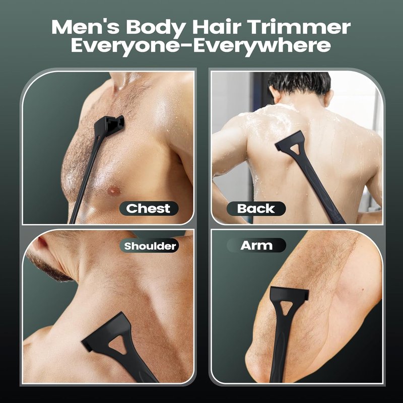 ETbyto Back Shavers for Men with Foldable Long Ergonomic Handle: DIY Hair Shaver, Replaceable Safety Blade & Portable Razor Groomer for Men, Wet & Dry Shaving - Black (8PCS Blades Included)