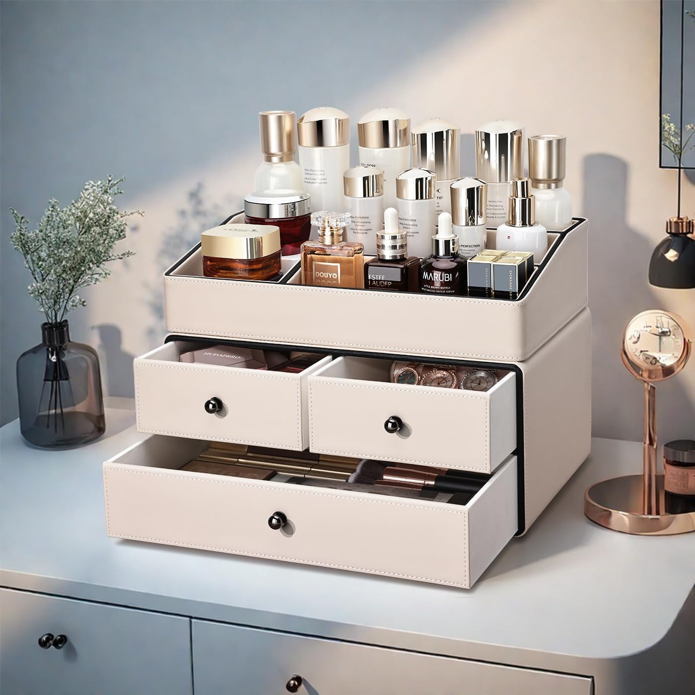 Leather Makeup Organizer - 3 Drawer 2 Tier Cosmetic Storage for Vanity & Bathroom | Beige