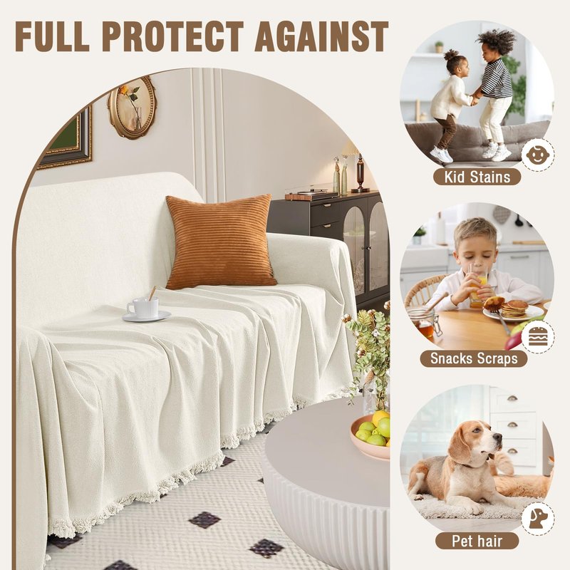 TAOCOCO Couch Cover, Couch Cover Blanket for Sofa, Thick Durable Throw for Sectional Couch, Washable Furniture Protector for Dogs Kids, Tassel Trim, 71''x118'' Beige