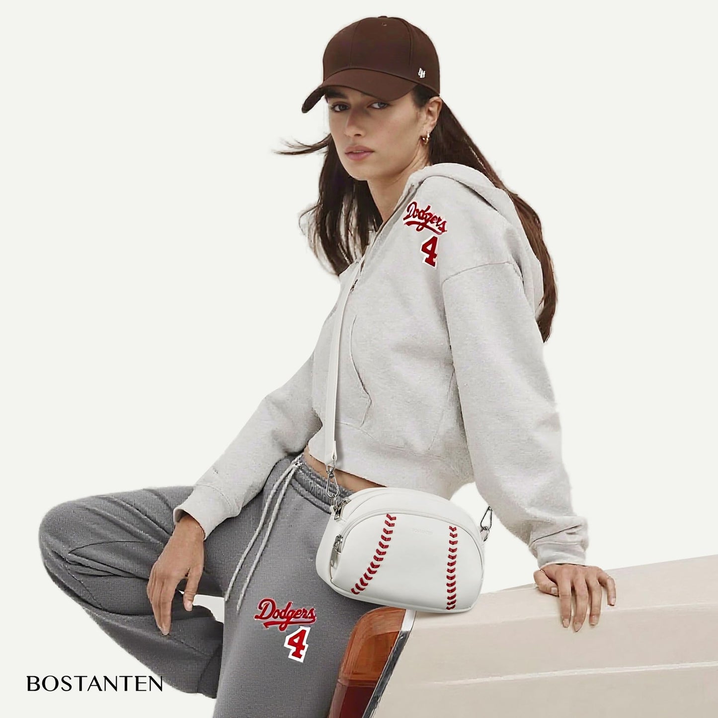 BOSTANTEN Baseball Crossbody Purses for Sport Mom Small Shoulder Bag Vegan Leather Women Handbags for Events White