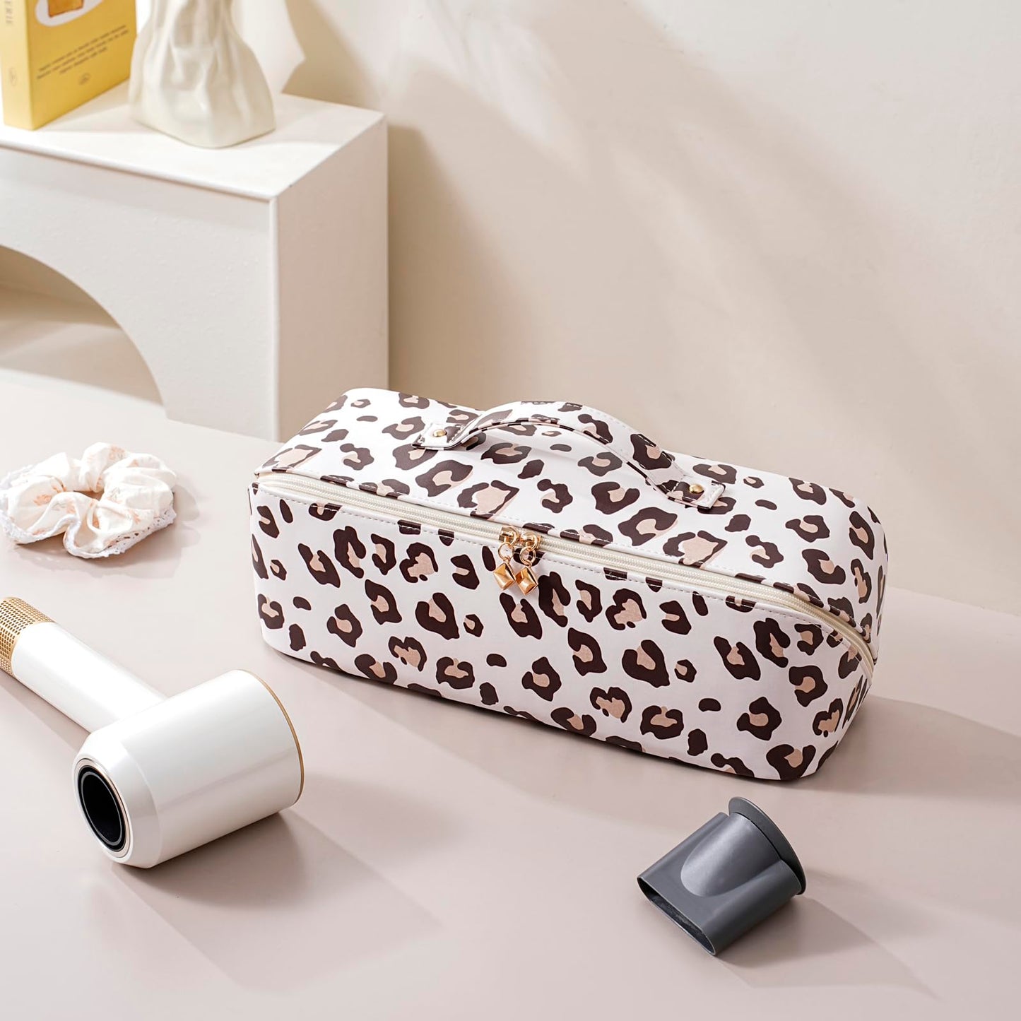 RSRSLEII Hair Tools Travel Bag, Waterproof Hair Styling Accessories Storage Case for Hair Dryer Straightener Curling Iron, Wide-open Hot Hair Tool Organizer with Dividers(01 Leopard)