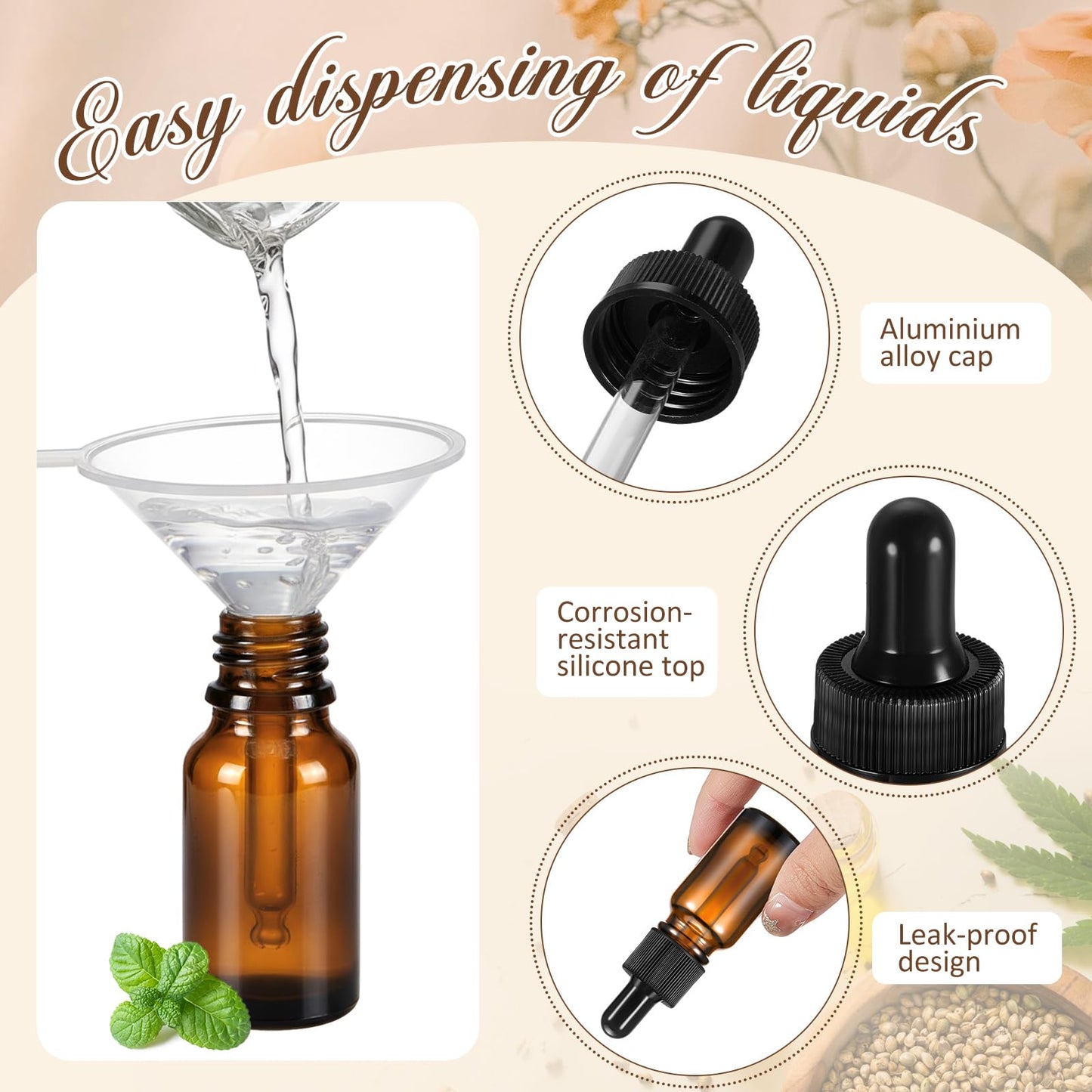 Lallisa 200 Pack Essential Oil Dropper Bottle 10 ml (1/3 Oz) Glass Dropper Bottles DIY for DIY Essential Oil Perfume with Funnels Pipettes Labels for Bathrooms, Hotels, Labs (Amber)