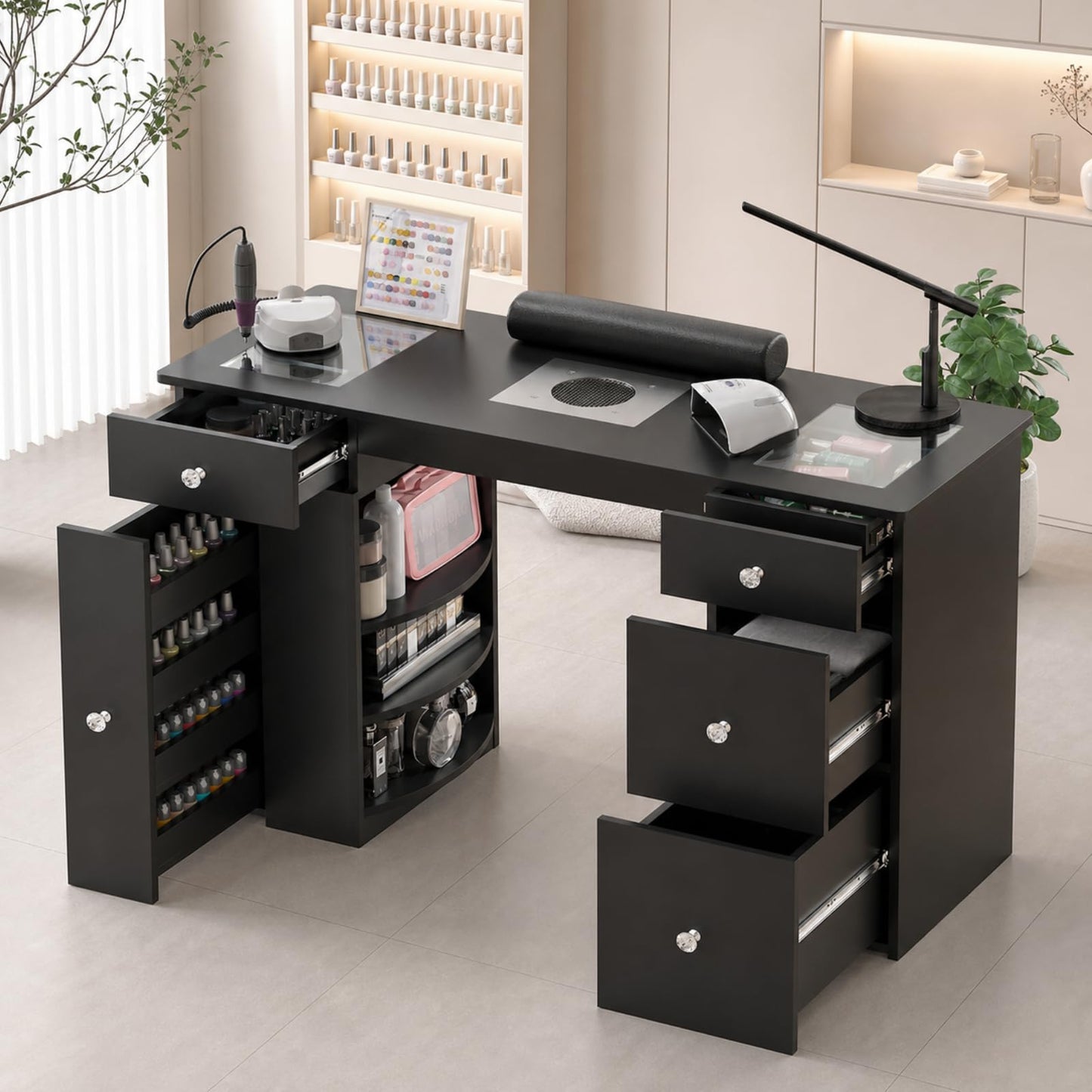 Manicure Table for Nail Tech with Glass Top, Visible Drawers & Trash Bag Holder, Acetone-Resistant Manicure Nail Desk, Beauty Salon Workstation with Wrist Rest & Electric Dust Collector (Black)
