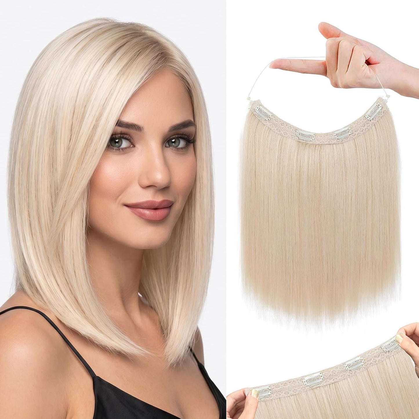 REECHO Invisible Wire Hair Extensions - Thinner Lace Weft, 12-Inch Short Straight Clips | Light Blonde