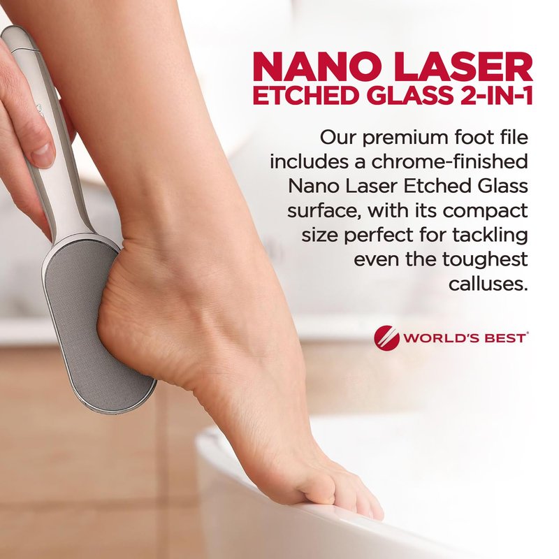 World's Best 2-in-1 Pedicure File - Nano Laser Etched Glass Foot File & Callus Remover - Scraper for Cracked Heels, Exfoliator for Dry Skin - Pedicure Tools for Feet, Callous Peeler Scrubber - Chrome