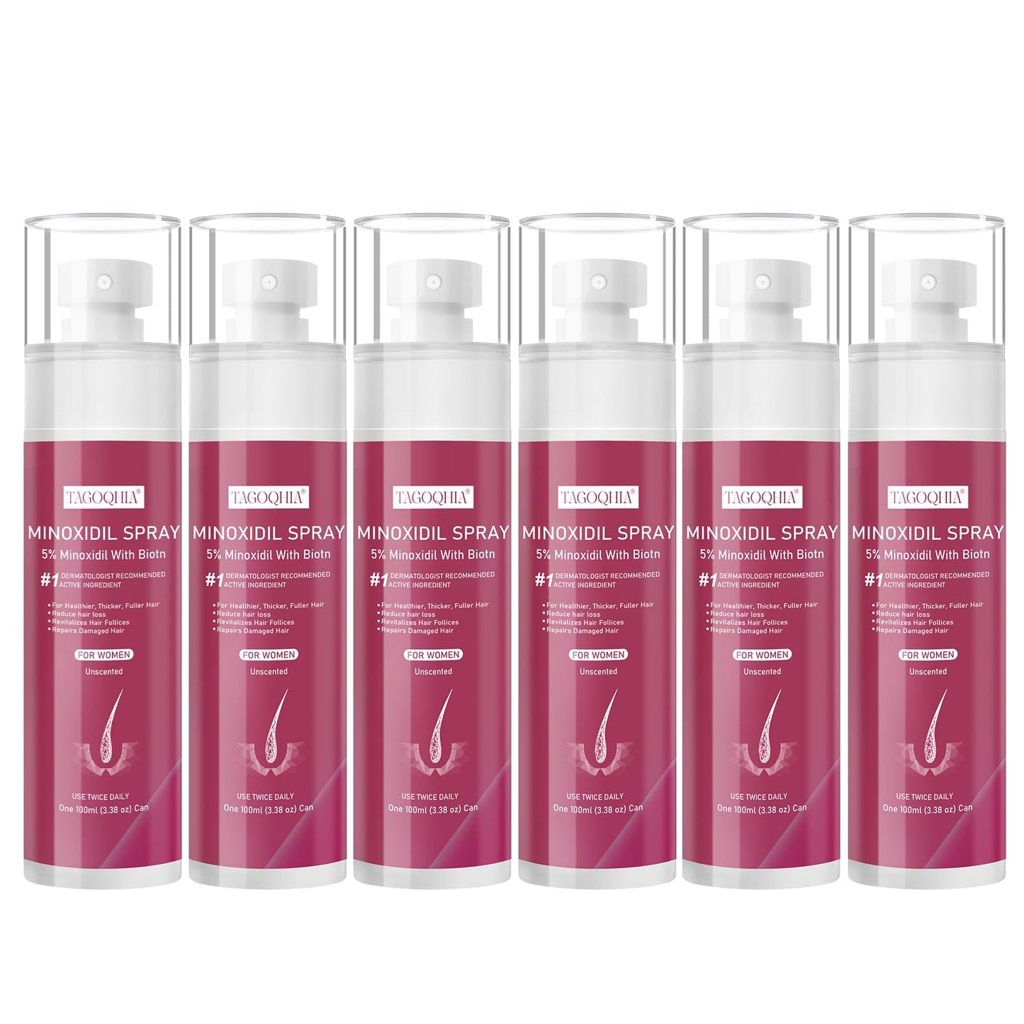 5% Minoxidil for Women Hair Regrowth Spray, hers hair regrowth treatment Infused with Biotin, Extra Strength Treatment to Combat Hair Loss and Thinning, 6 Bottles（100 Ml)